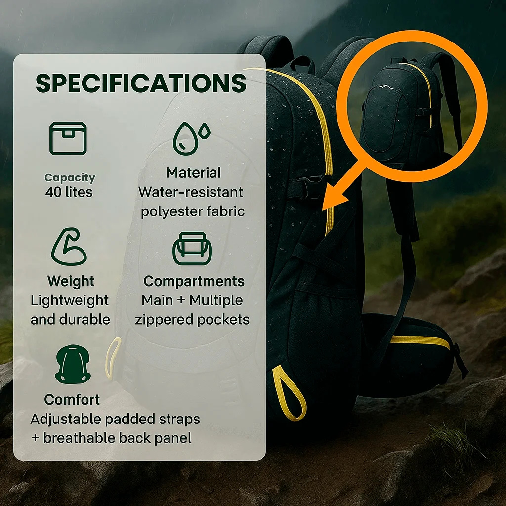 Adventure Ready | 40L Waterproof Hiking Backpack with Ergonomic Design | Lightweight & Durable for Outdoor Adventures