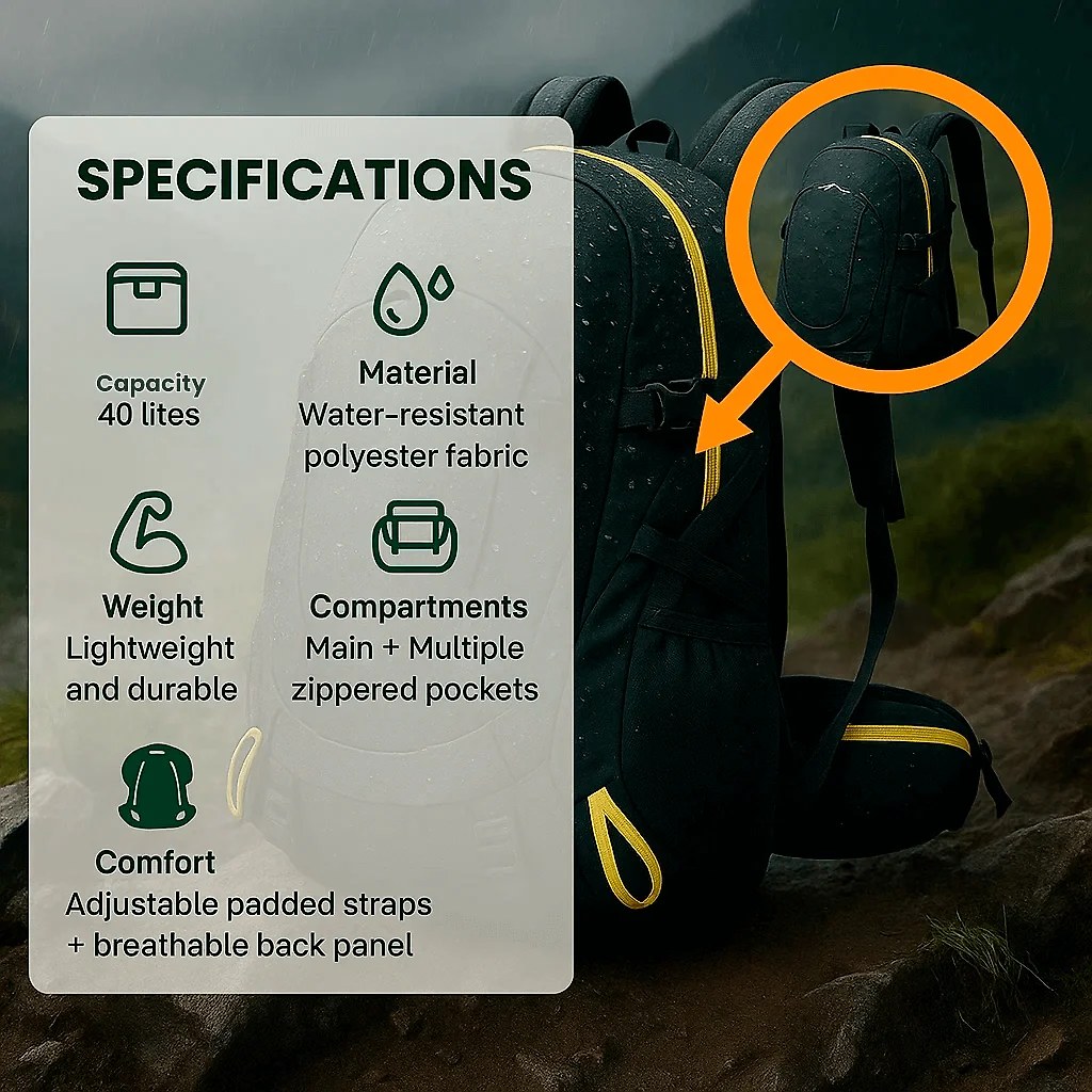 Adventure Ready | 40L Waterproof Hiking Backpack with Ergonomic Design | Lightweight and Spacious for Outdoor Adventures