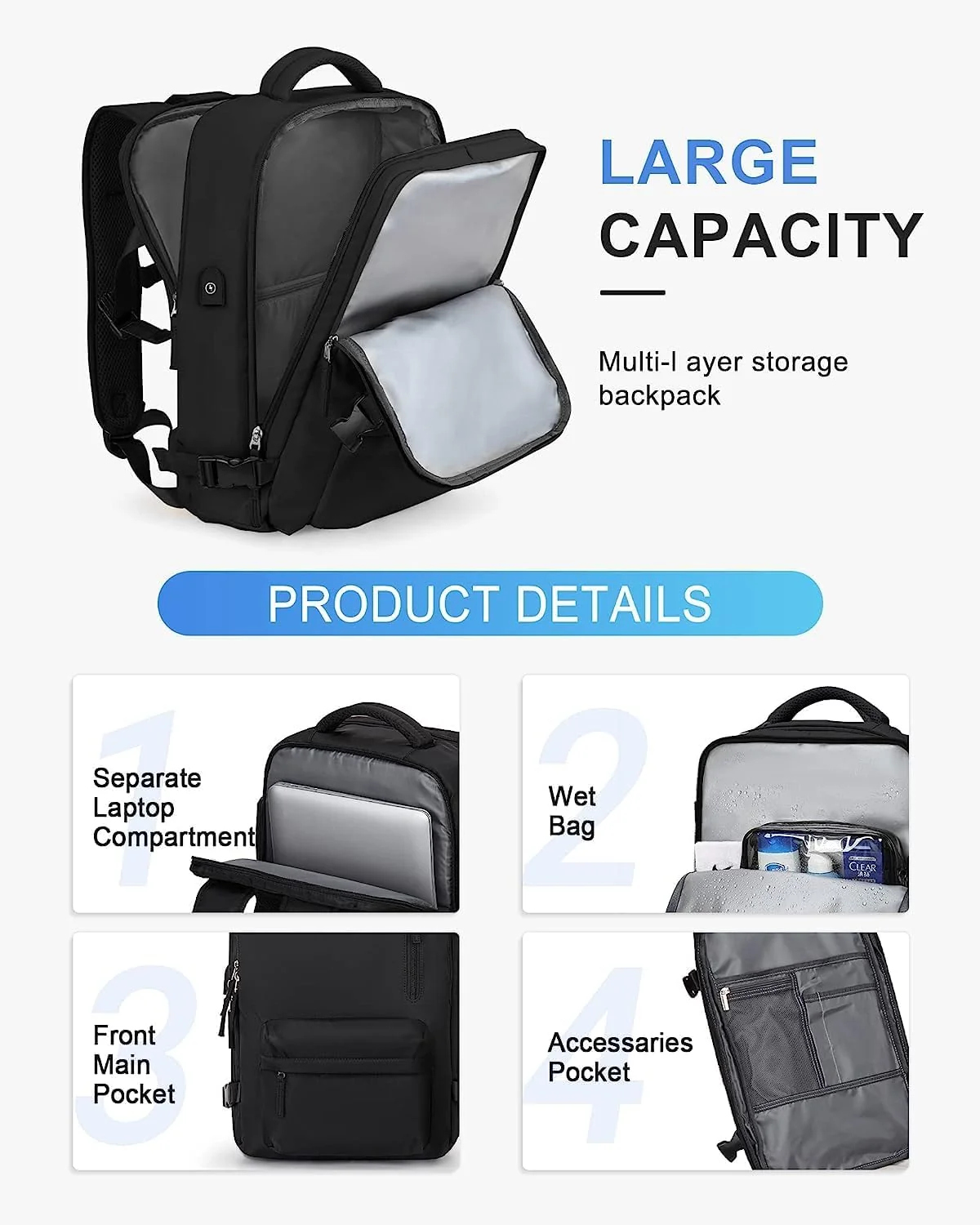 Adventure Ready | 40L Waterproof Travel Backpack with USB Port & Shoe Compartment | Versatile Design for Travel and Outdoor Use