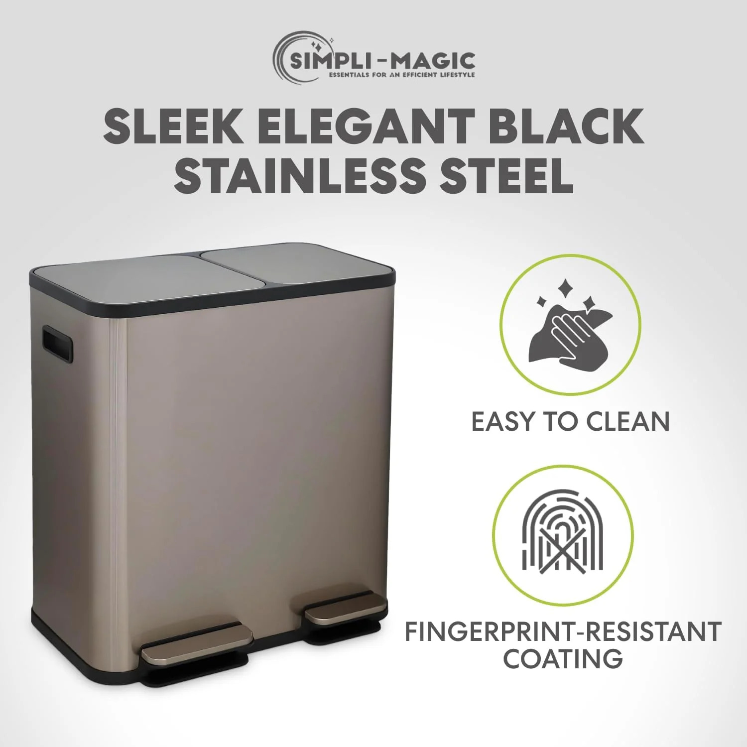 70 Liter / 18.5 Gallon Dual Compartment Recycling Trash Can – Hands-Free Kitchen Step Bin with Soft-Close Lid. Odor Filter. Stainless Steel Foot Pedal. Black Finish (40L + 30L) Rose Gold Finish