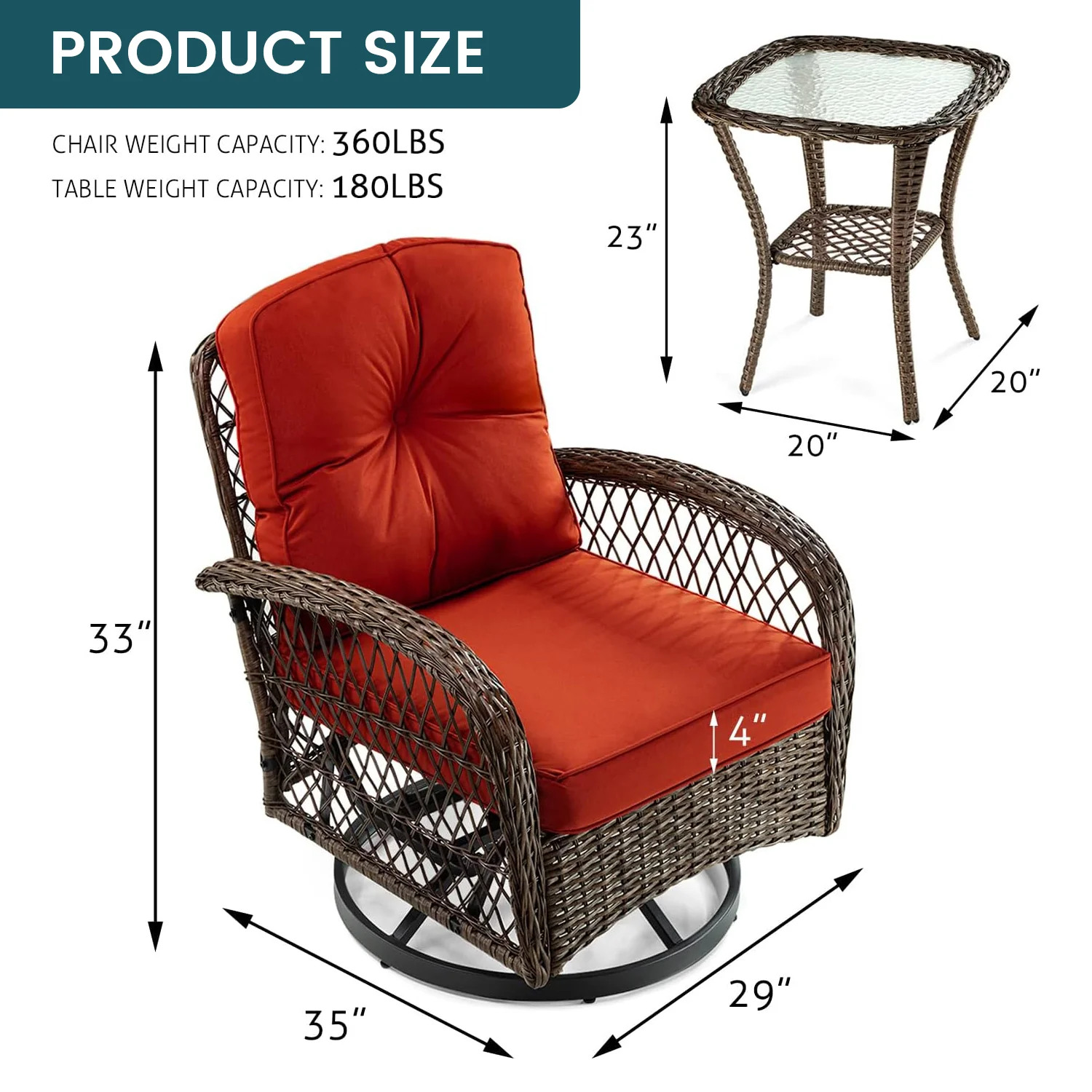 (Discontinued) 3 Pieces Patio Furniture Set. Outdoor Swivel Glider Rocker. Wicker Patio Bistro Set with Rocking Chair. Cushions and Table