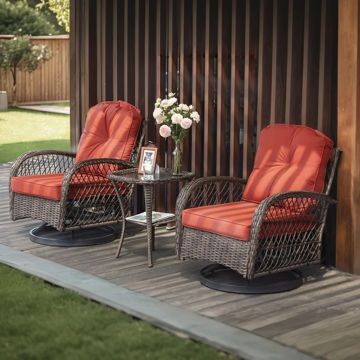 (Discontinued) 3 Pieces Patio Furniture Set. Outdoor Swivel Glider Rocker. Wicker Patio Bistro Set with Rocking Chair. Cushions and Table