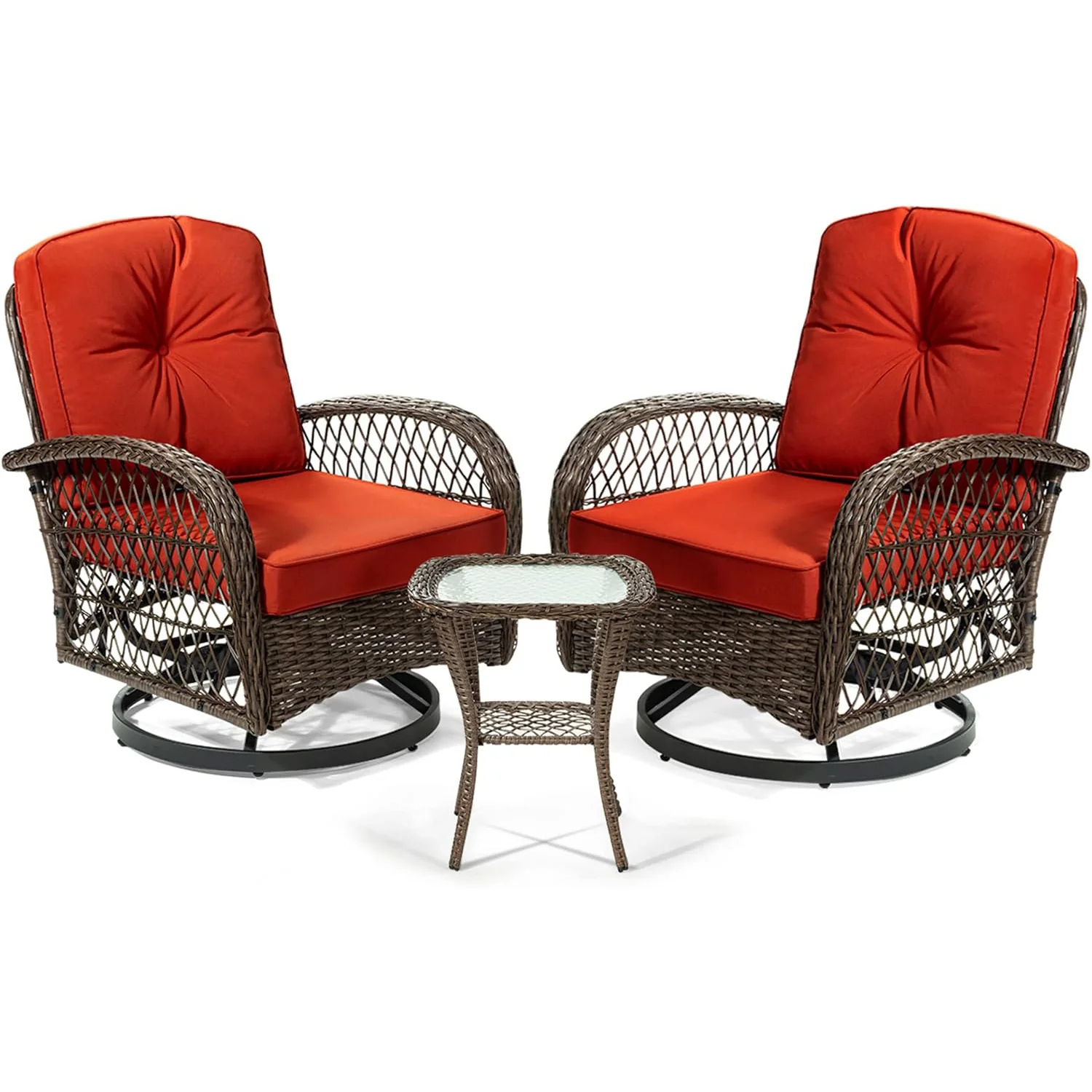 (Discontinued) 3 Pieces Patio Furniture Set. Outdoor Swivel Glider Rocker. Wicker Patio Bistro Set with Rocking Chair. Cushions and Table