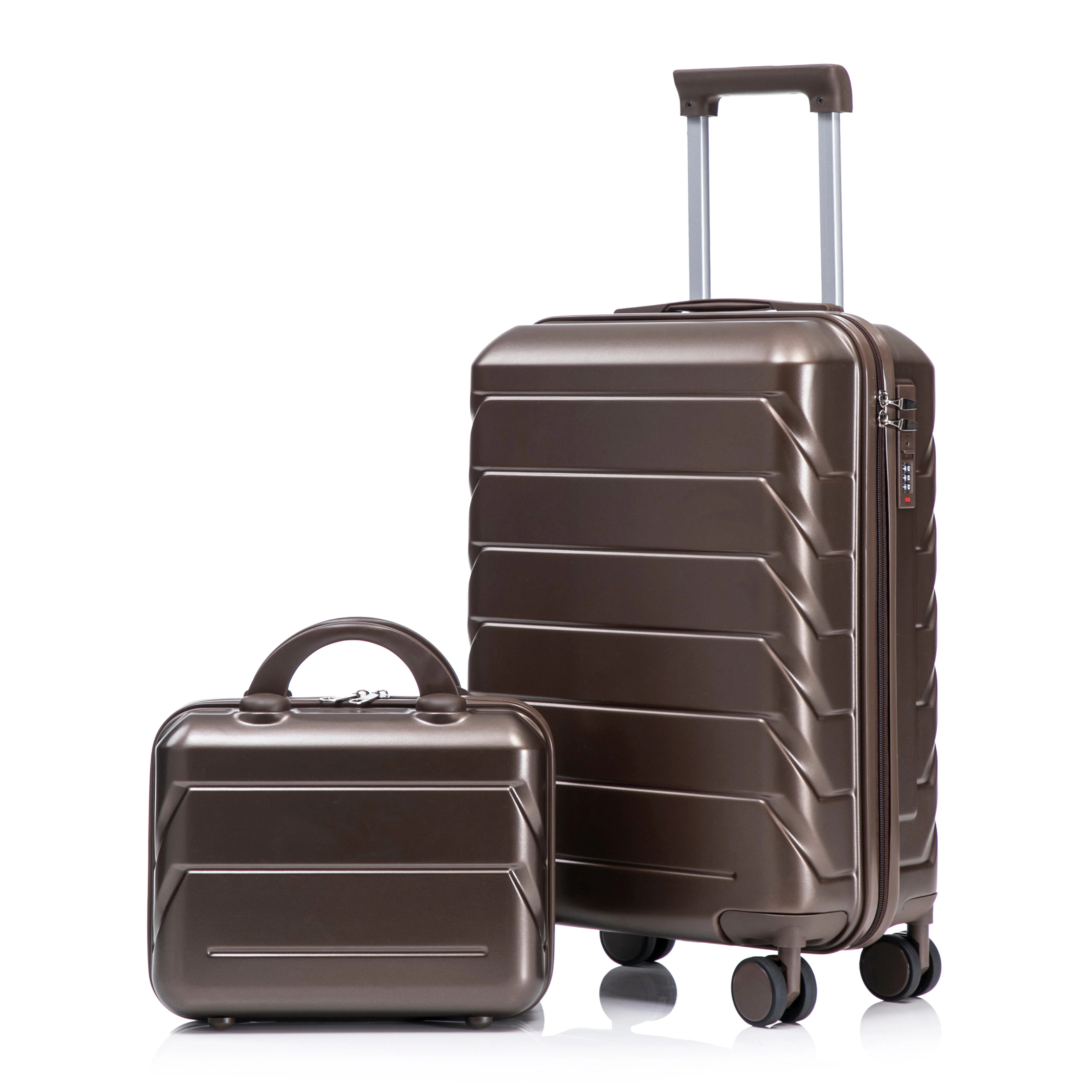 14/20 2-Piece ABS Spinner Wheel Luggage Set with Combination Lock and Cosmetic Case (Brown)