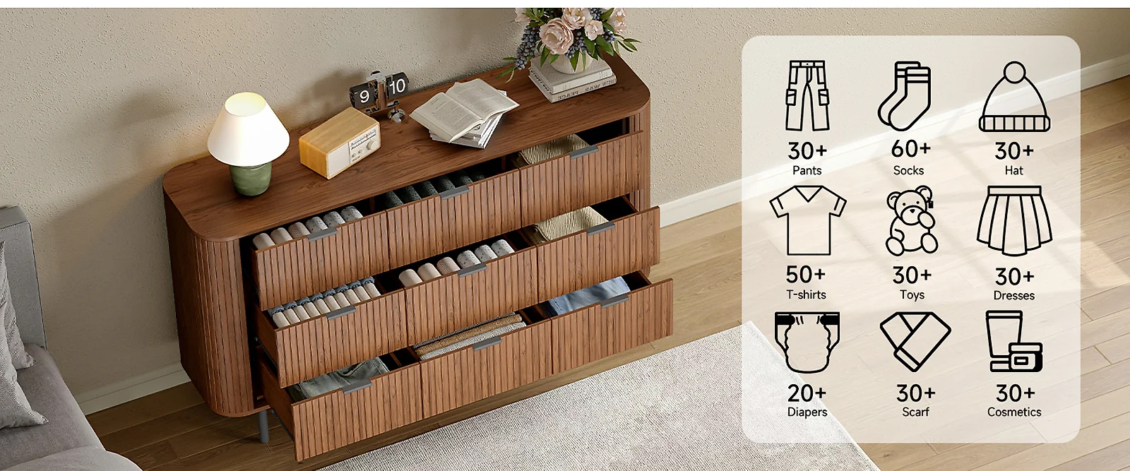 (Discontinued) 9 Drawer Dresser. Bedroom Dressers with Drawers. 53 Wide Fluted Chest of Drawers with Metal Handle