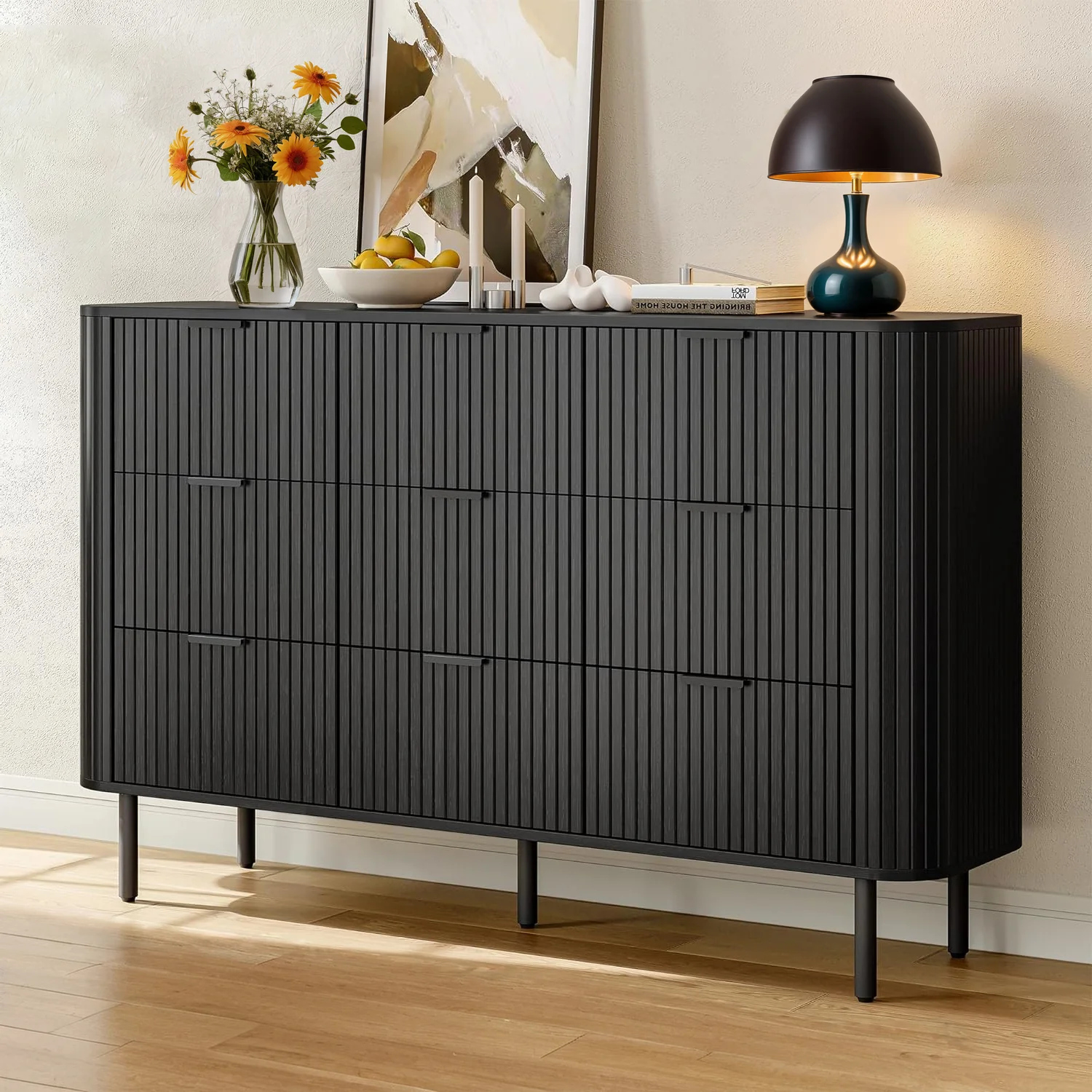 (Discontinued) 9 Drawer Dresser. Bedroom Dressers with Drawers. 53 Wide Fluted Chest of Drawers with Metal Handle