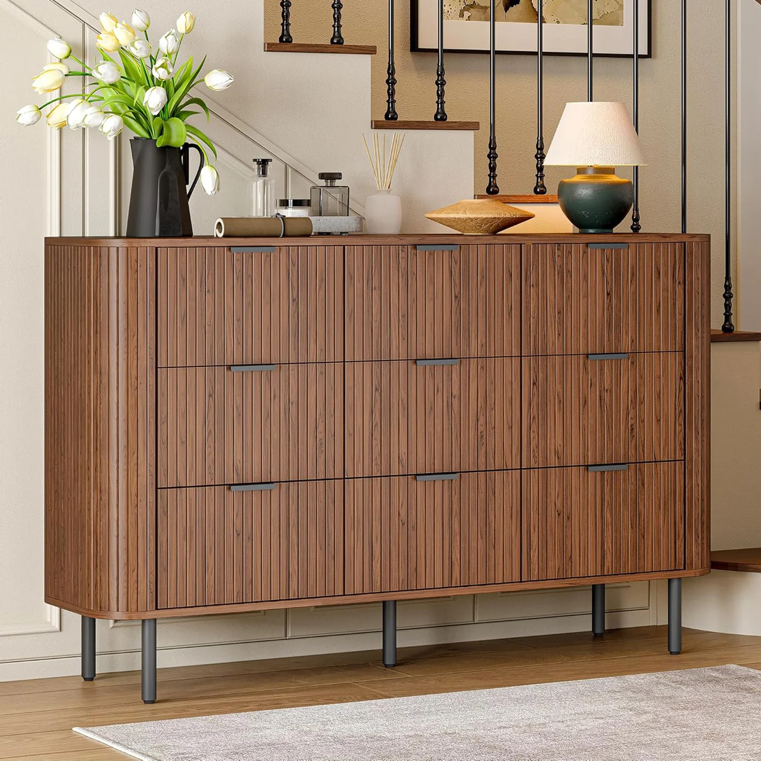 (Discontinued) 9 Drawer Dresser. Bedroom Dressers with Drawers. 53 Wide Fluted Chest of Drawers with Metal Handle