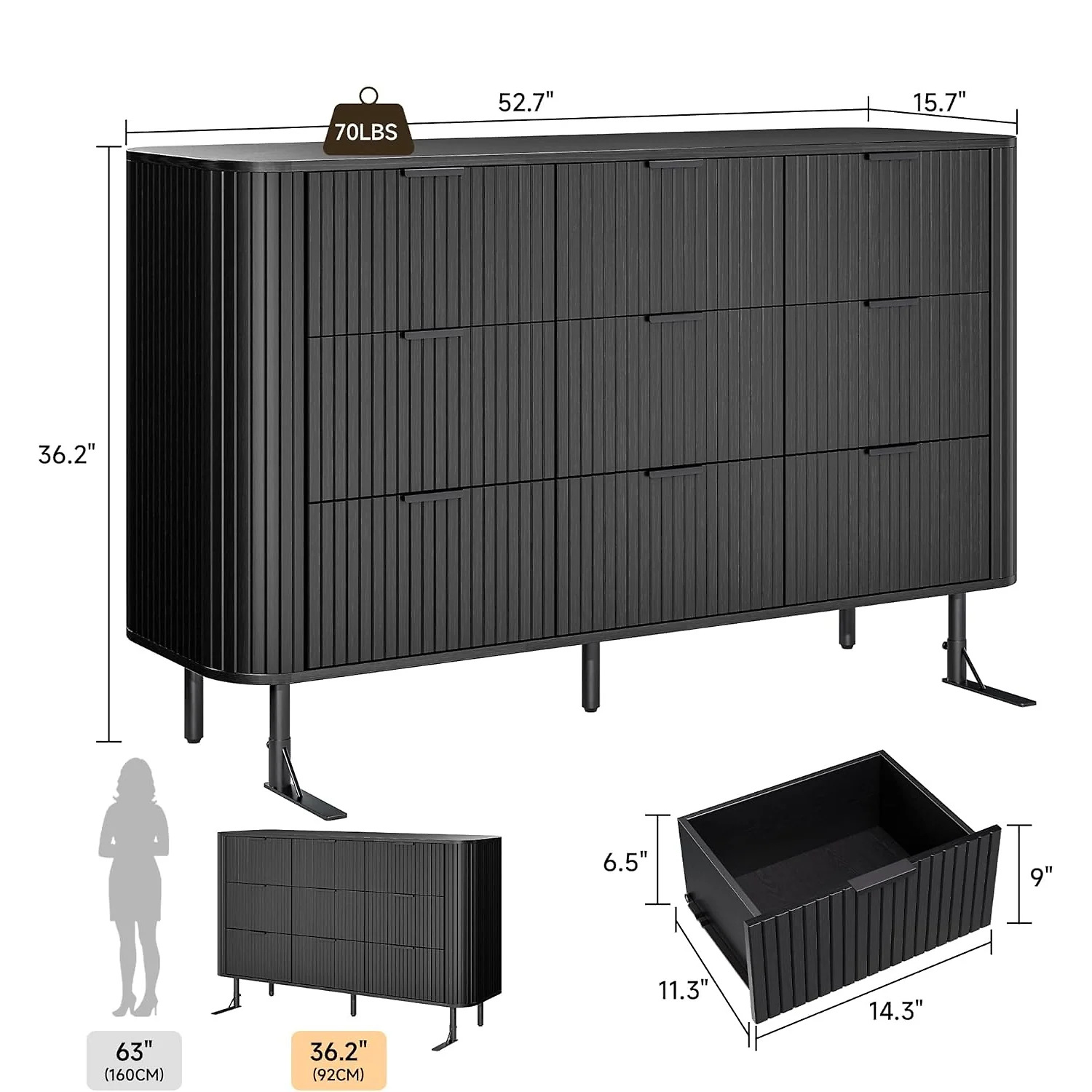 (Discontinued) 9 Drawer Dresser. Bedroom Dressers with Drawers. 53 Wide Fluted Chest of Drawers with Metal Handle