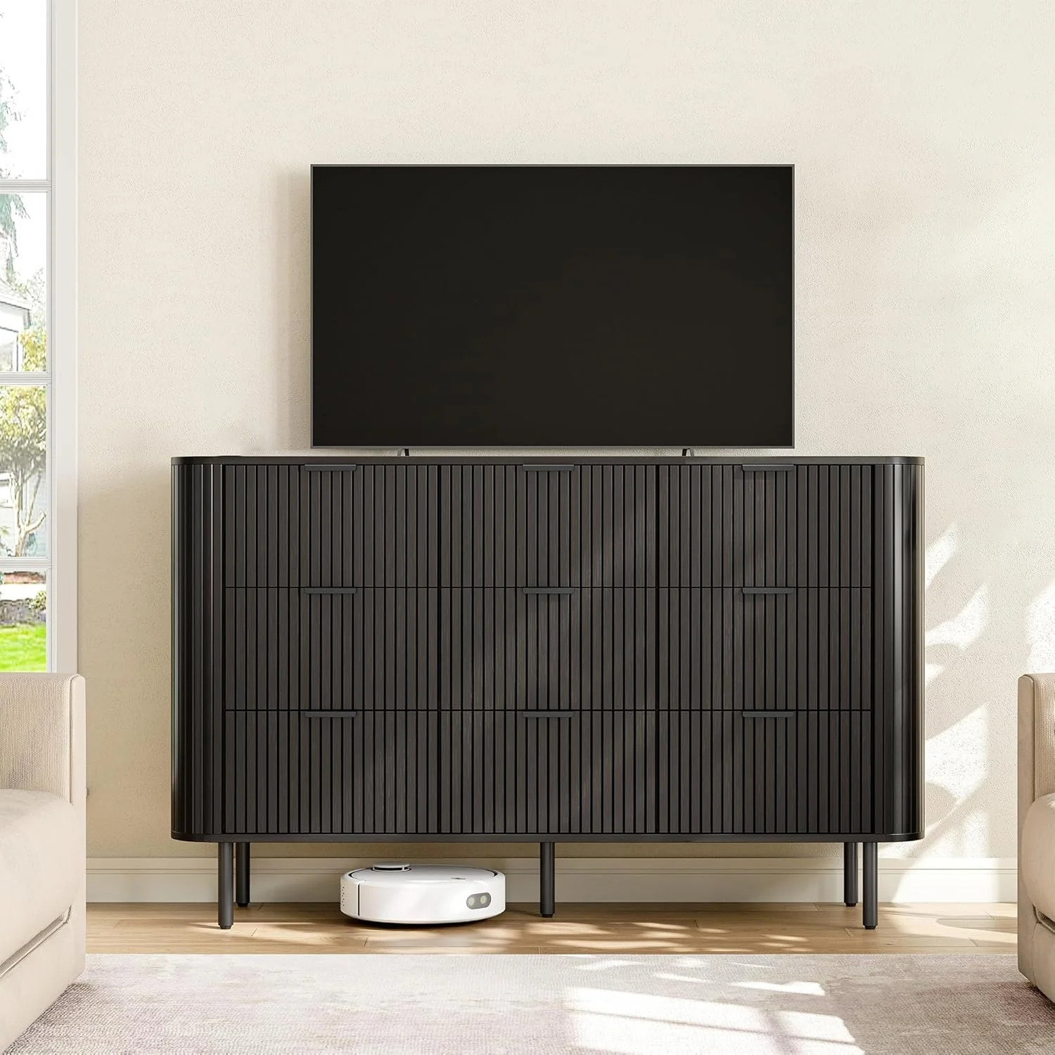 (Discontinued) 9 Drawer Dresser. Bedroom Dressers with Drawers. 53 Wide Fluted Chest of Drawers with Metal Handle