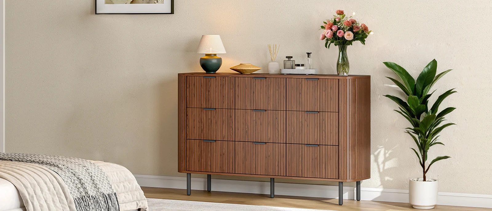 (Discontinued) 9 Drawer Dresser. Bedroom Dressers with Drawers. 53 Wide Fluted Chest of Drawers with Metal Handle