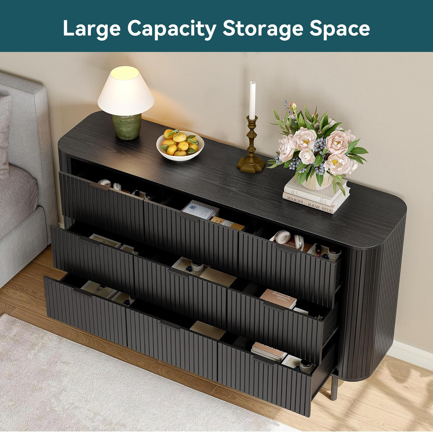 (Discontinued) 9 Drawer Dresser. Bedroom Dressers with Drawers. 53 Wide Fluted Chest of Drawers with Metal Handle