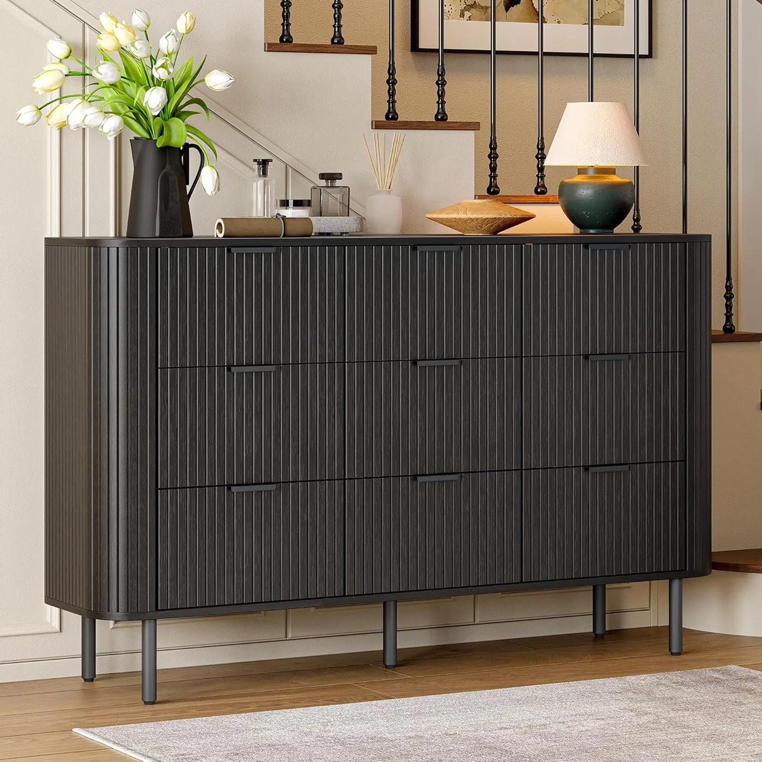 (Discontinued) 9 Drawer Dresser. Bedroom Dressers with Drawers. 53 Wide Fluted Chest of Drawers with Metal Handle