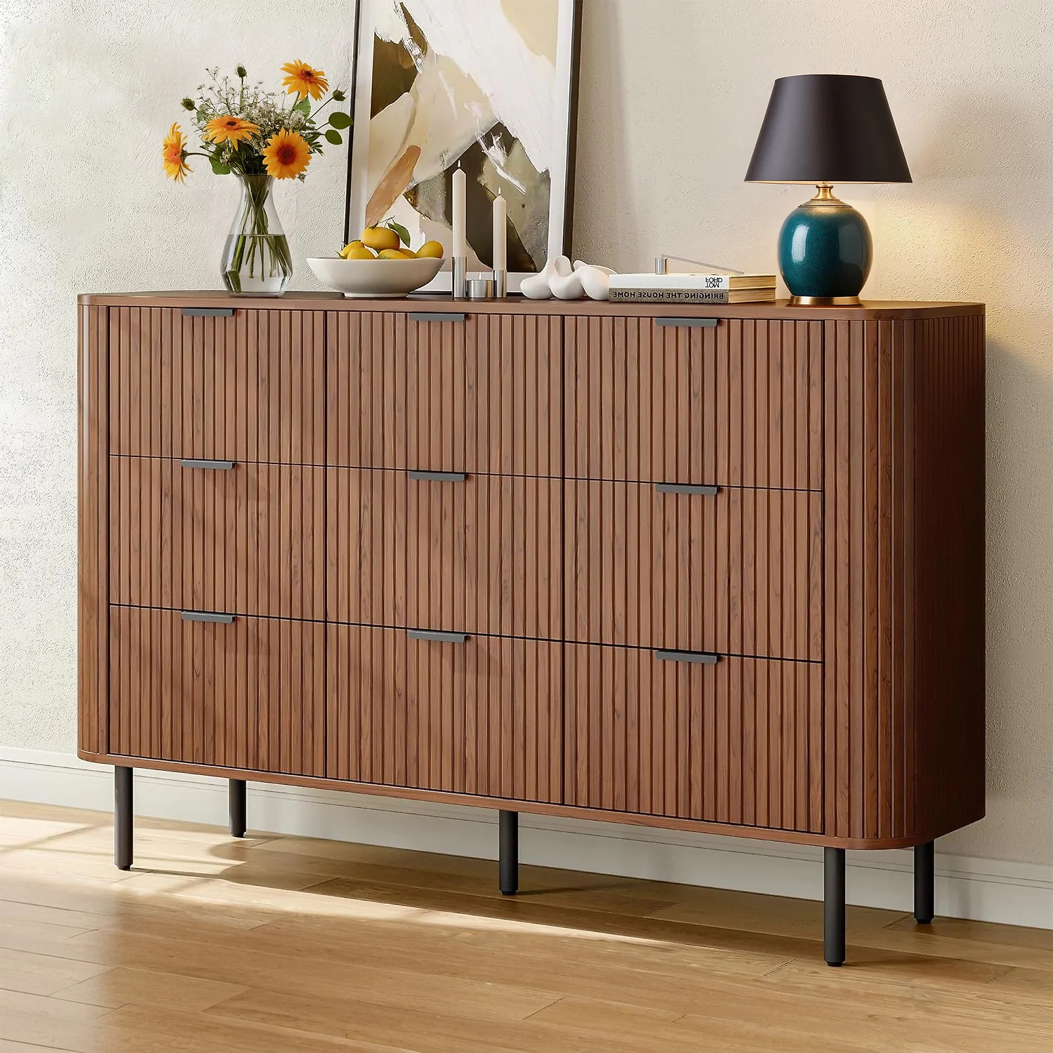 (Discontinued) 9 Drawer Dresser. Bedroom Dressers with Drawers. 53 Wide Fluted Chest of Drawers with Metal Handle