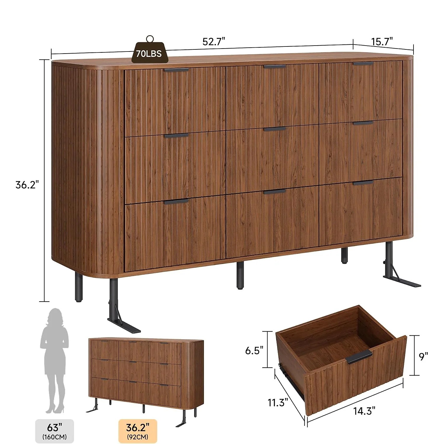 (Discontinued) 9 Drawer Dresser. Bedroom Dressers with Drawers. 53 Wide Fluted Chest of Drawers with Metal Handle