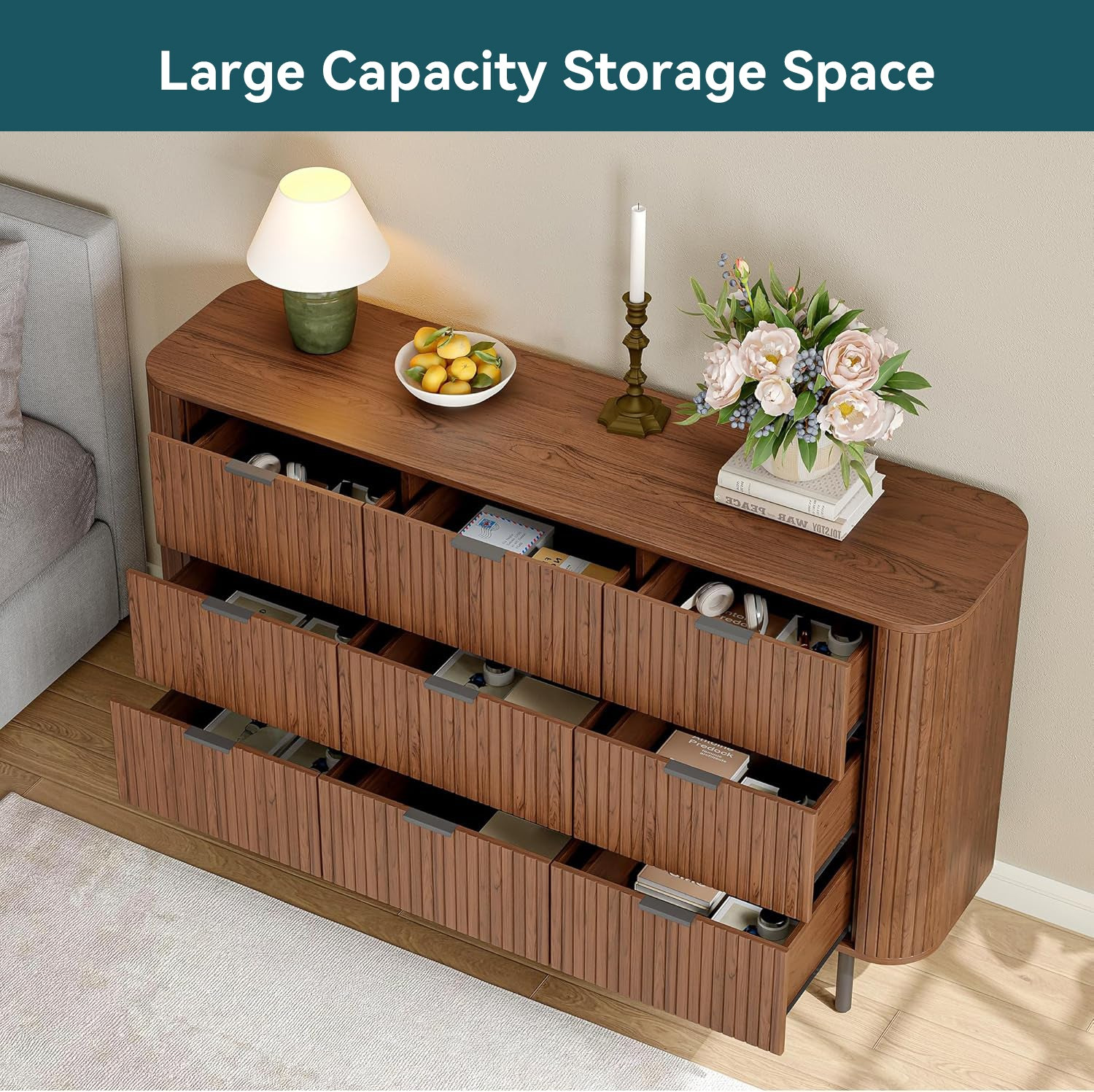 (Discontinued) 9 Drawer Dresser. Bedroom Dressers with Drawers. 53 Wide Fluted Chest of Drawers with Metal Handle