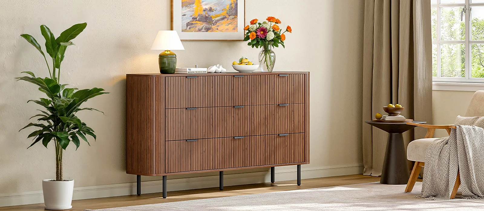 (Discontinued) 9 Drawer Dresser. Bedroom Dressers with Drawers. 53 Wide Fluted Chest of Drawers with Metal Handle