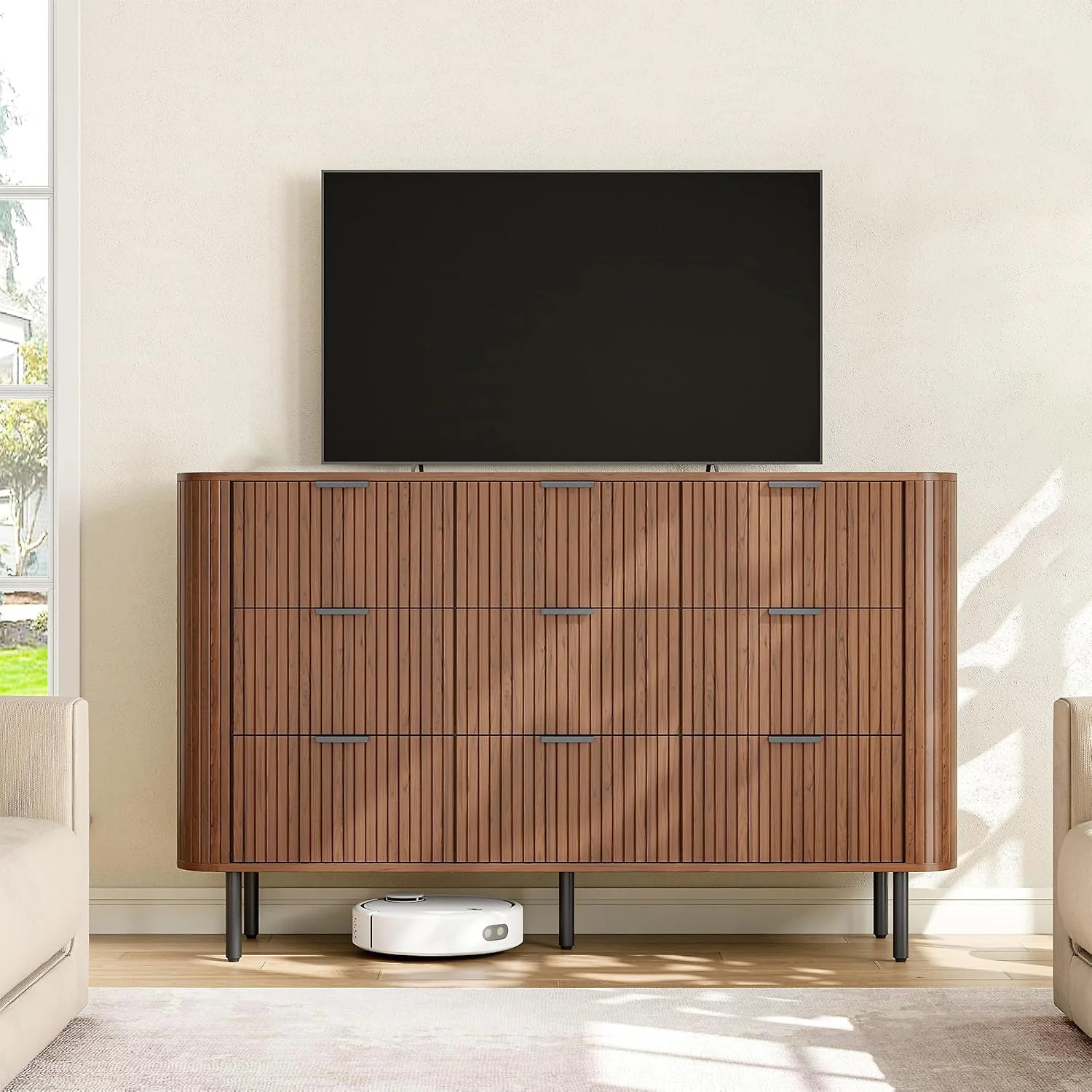 (Discontinued) 9 Drawer Dresser. Bedroom Dressers with Drawers. 53 Wide Fluted Chest of Drawers with Metal Handle