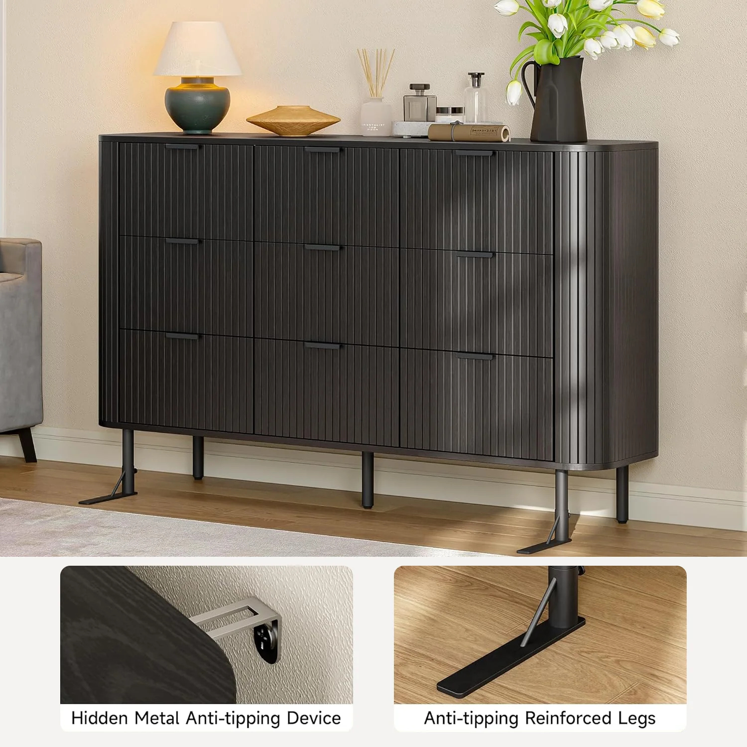 (Discontinued) 9 Drawer Dresser. Bedroom Dressers with Drawers. 53 Wide Fluted Chest of Drawers with Metal Handle