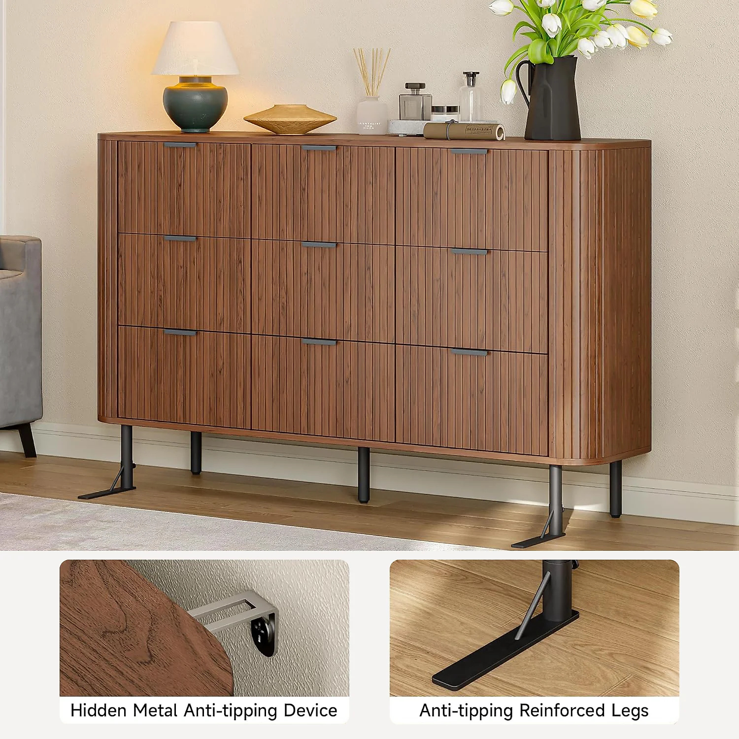 (Discontinued) 9 Drawer Dresser. Bedroom Dressers with Drawers. 53 Wide Fluted Chest of Drawers with Metal Handle