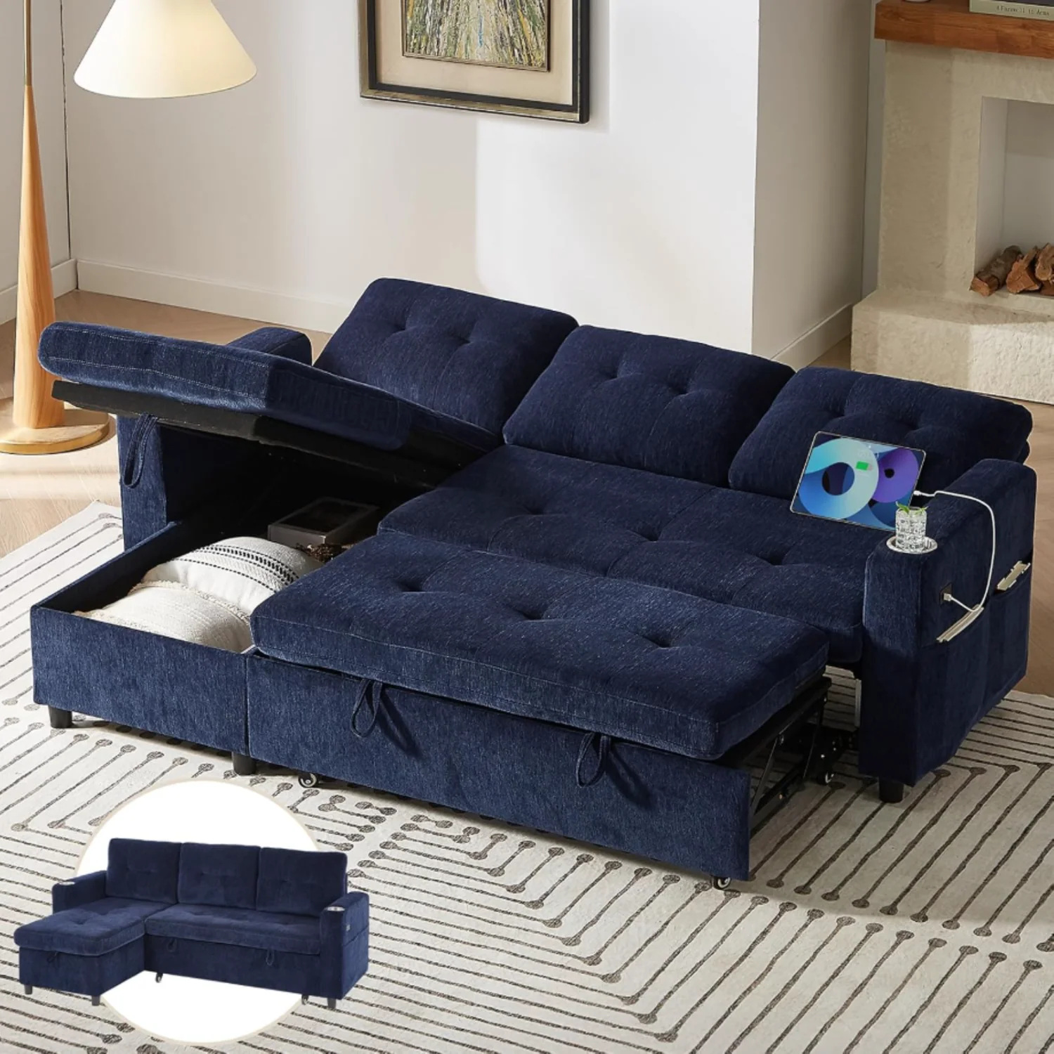 (Discontinued) L Shaped Sofa Bed Sleeper Sofa. 3 in 1 Pull Out Couch Bed with Storage Chaise and USB Ports