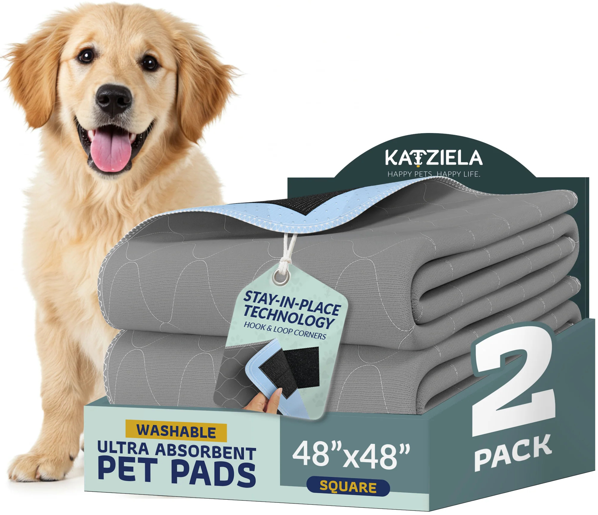 Katziela Quick-Drying Washable Pee Pads for Dogs With Hook & Loop Rectangular