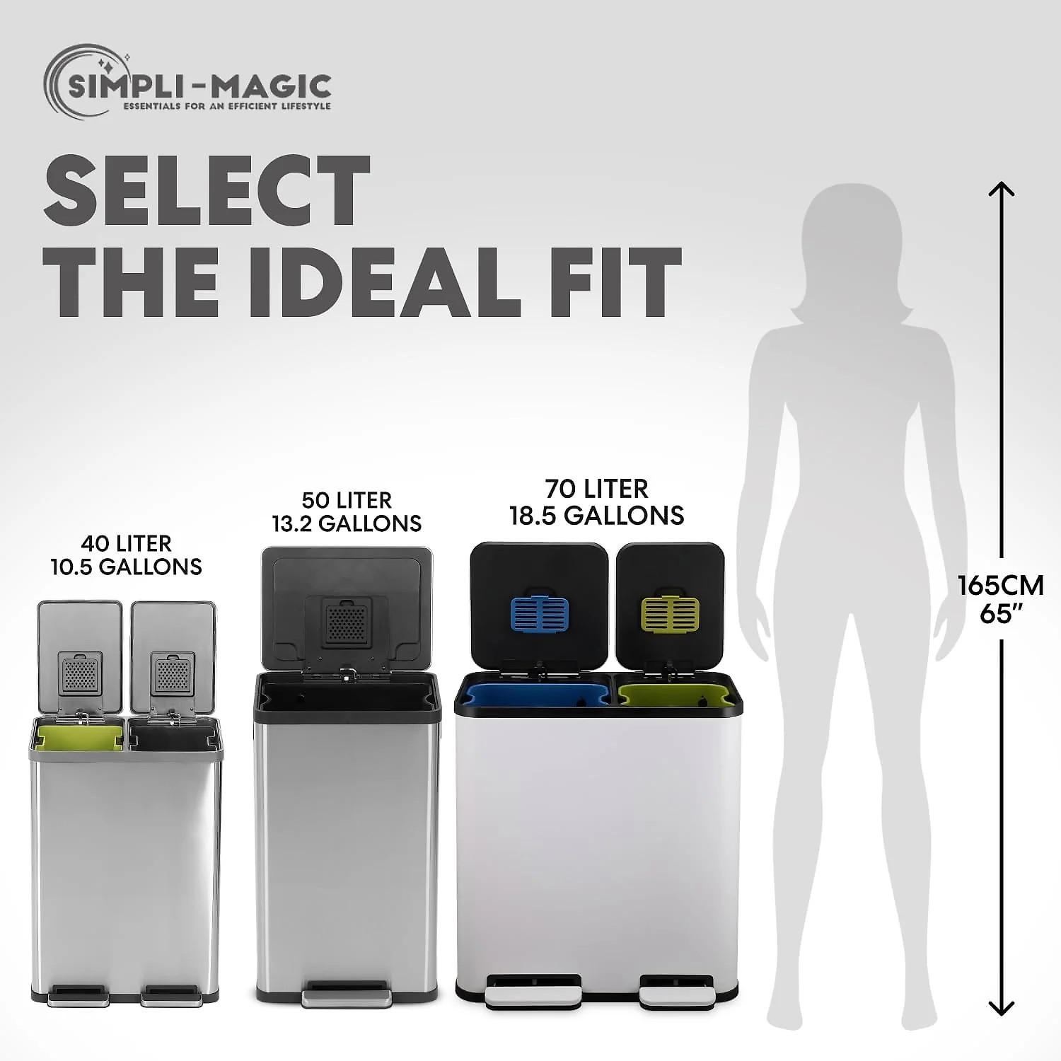 70 Liter / 18.5 Gallon Dual Compartment Recycling Trash Can – Hands-Free Kitchen Step Bin with Soft-Close Lid. Odor Filter. Stainless Steel Foot Pedal. Black Finish (40L + 30L). White