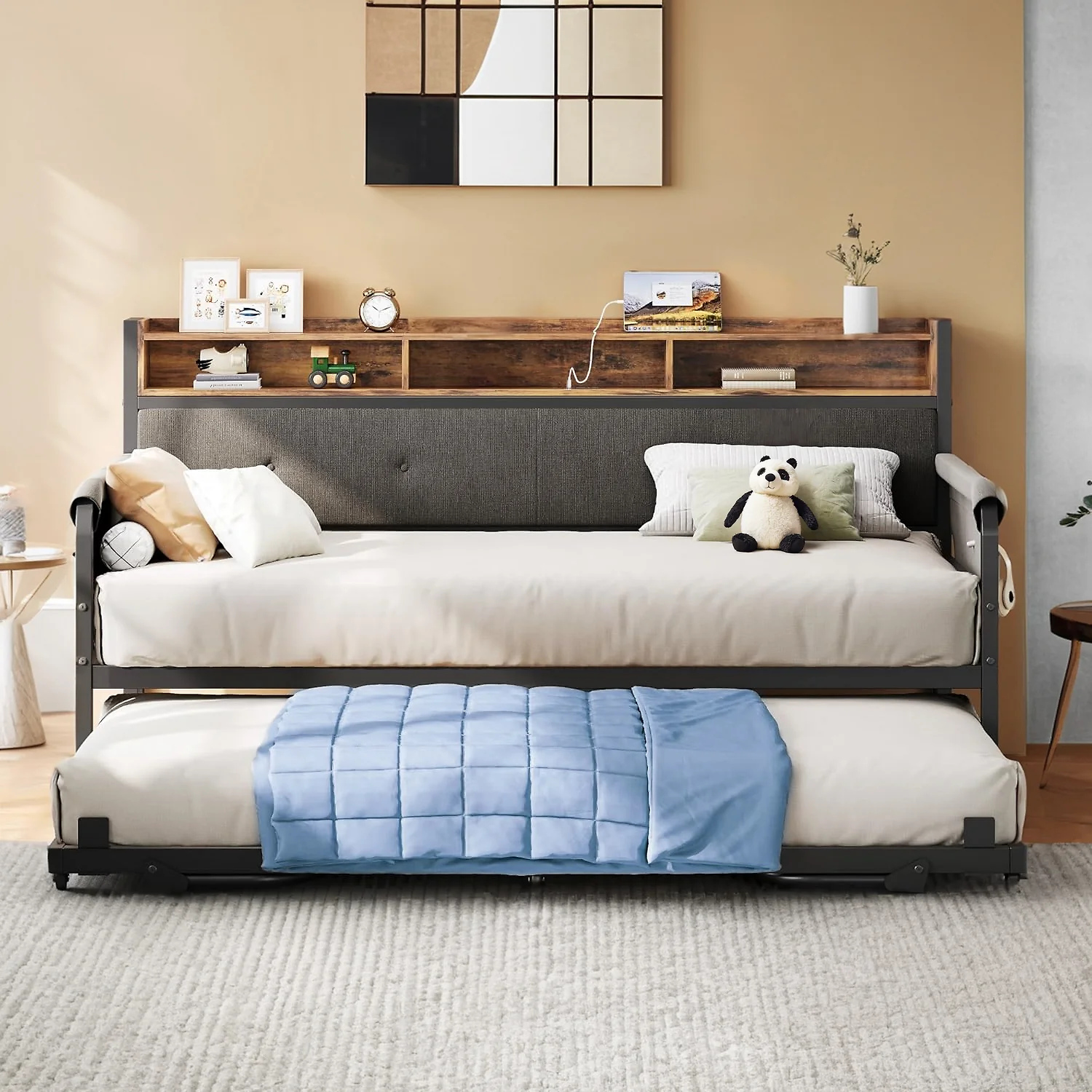 (Discontinued) Daybed Sofa Day Bed with Trundle. Twin Bed Frame with Upholstered Headboard. Strong Supports and Charging Station