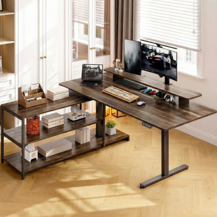 (Discontinued) 63 x 23 Reversible L Shaped Standing Desk. Corner Computer Desk with Storage Shelf. Monitor Stand & Memory Height Settings