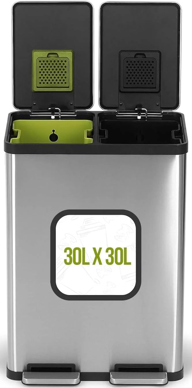 SIMPLI-MAGIC 16 Gallon (60L) Dual Compartment Step Trash Can – Kitchen Garbage Can With Waste & Recycling Bins – Slow-Close Lid. Odor Control. Hands-Free. Inner Bases. Premium Stainless Steel