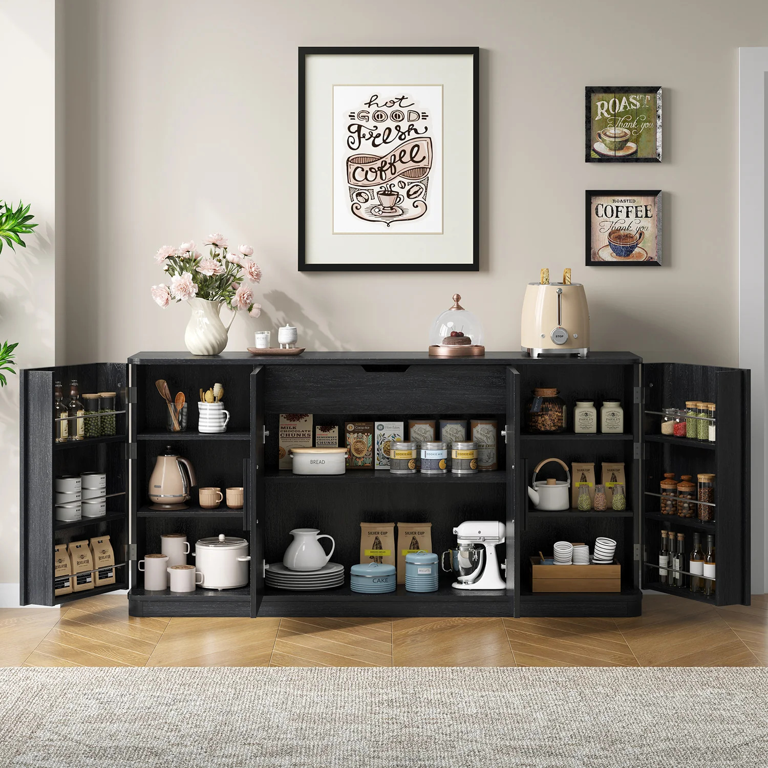 (Discontinued) 4 Door Sideboard Buffet Cabinet with Storage. 62 Large Storage Cabinet with Drawer and Adjustable Shelves Dining Room or Coffee Station