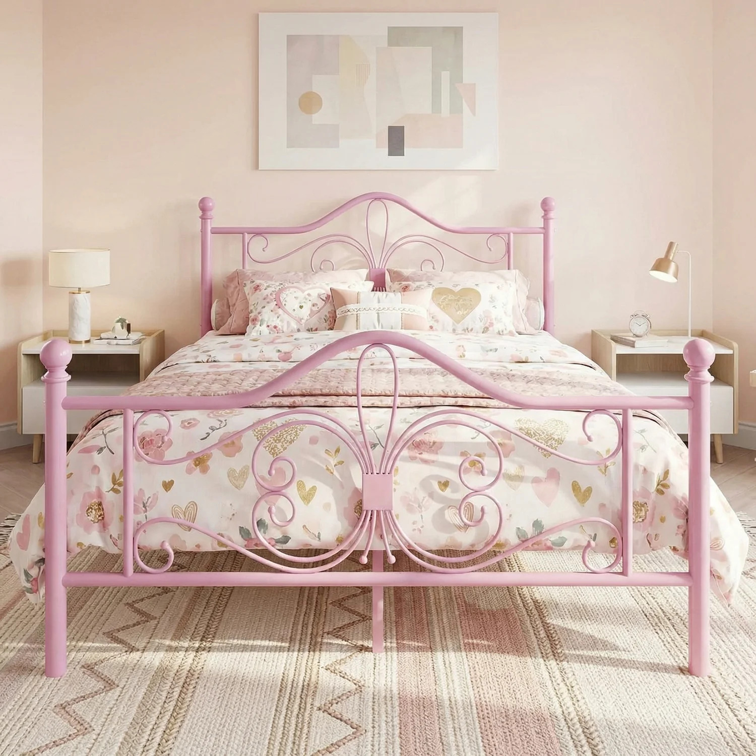 (Black Full Pre-Order) Metal Bed Frame with Butterfly-Patterned Headboard. No Springs Required