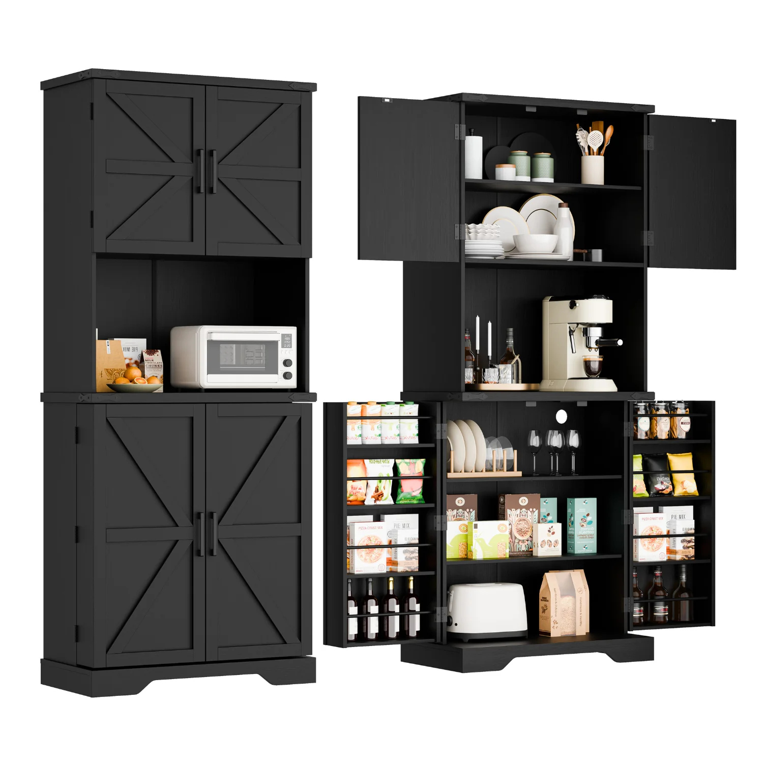 (Discontinued) 74 Inch Tall Kitchen Pantry Storage Cabinet with Charging Station. Kitchen Hutch with Microwave Stand. Barns Doors & Adjustable Shelves