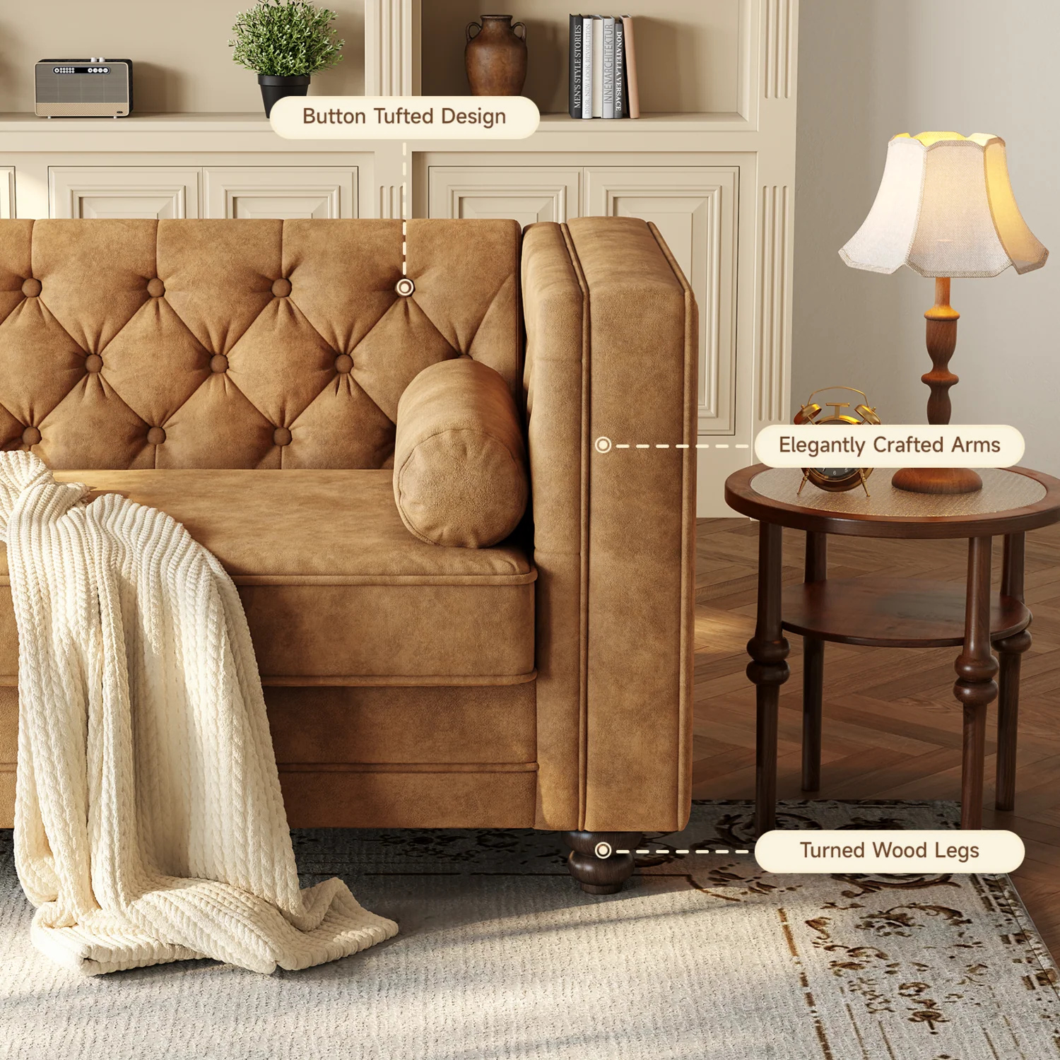 (Discontinued) 79 Faux Leather Couch with Deep Seat. 3 Seater Tufted Sofa with 2 Bolster Pillows & Removable Cushions