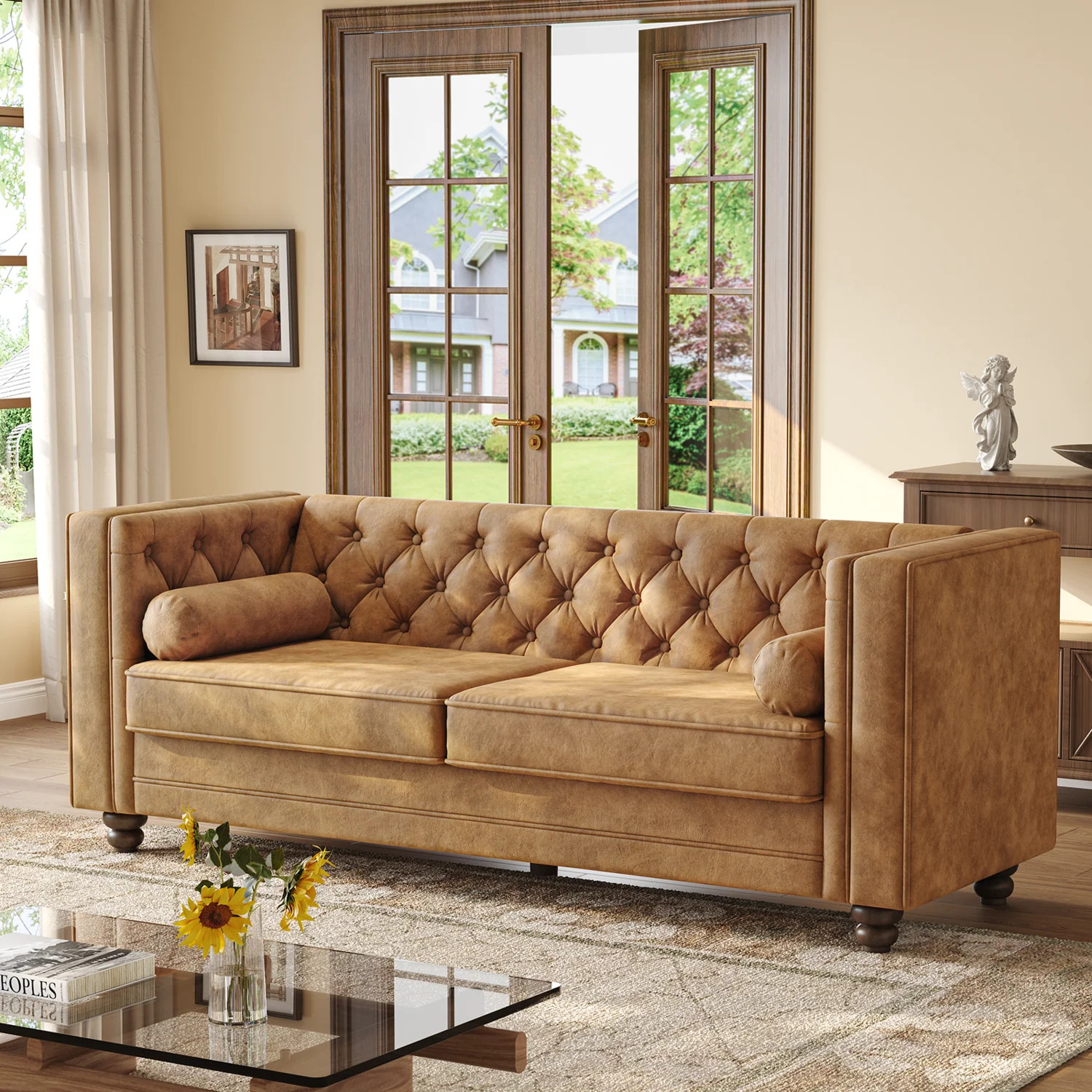 (Discontinued) 79 Faux Leather Couch with Deep Seat. 3 Seater Tufted Sofa with 2 Bolster Pillows & Removable Cushions