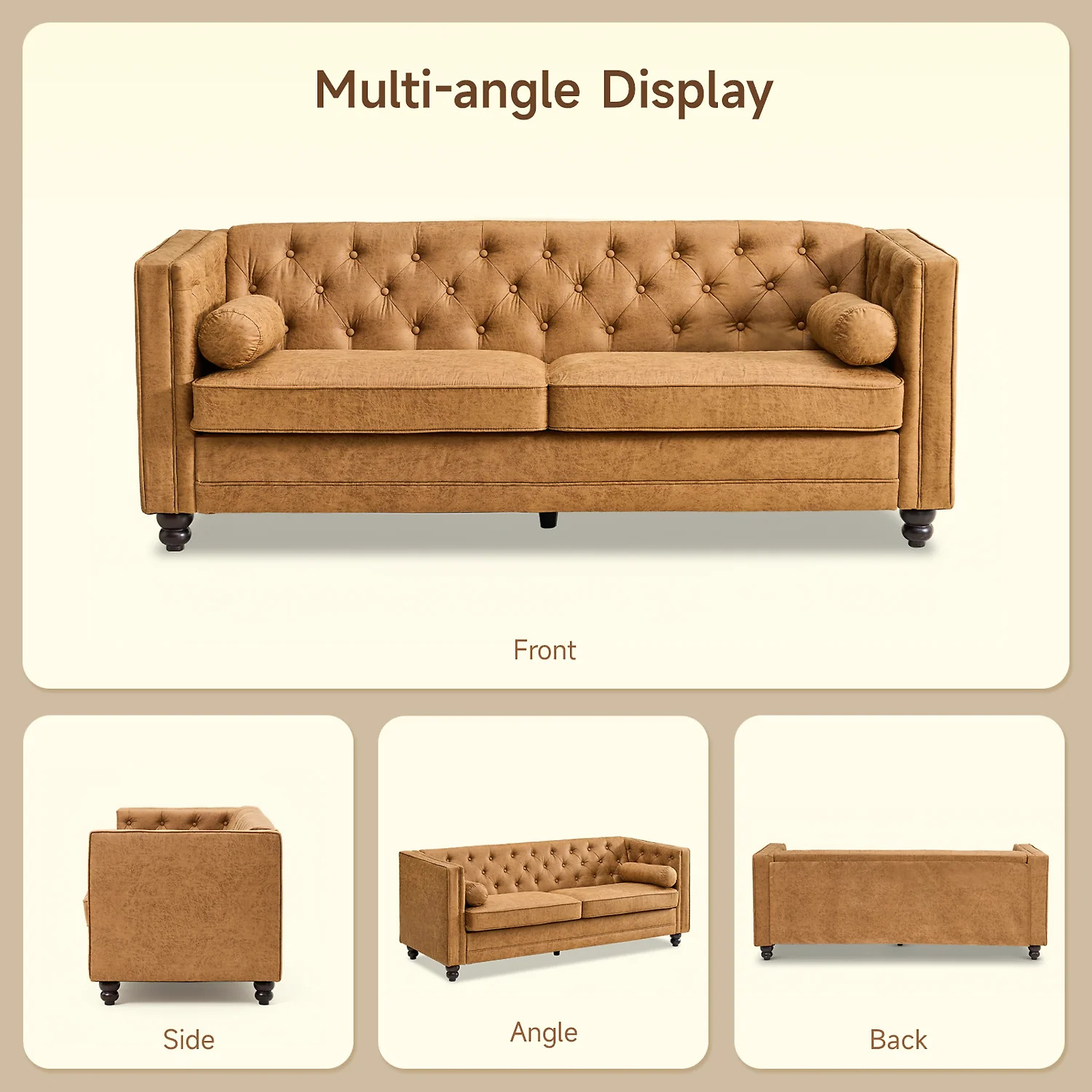 (Discontinued) 79 Faux Leather Couch with Deep Seat. 3 Seater Tufted Sofa with 2 Bolster Pillows & Removable Cushions