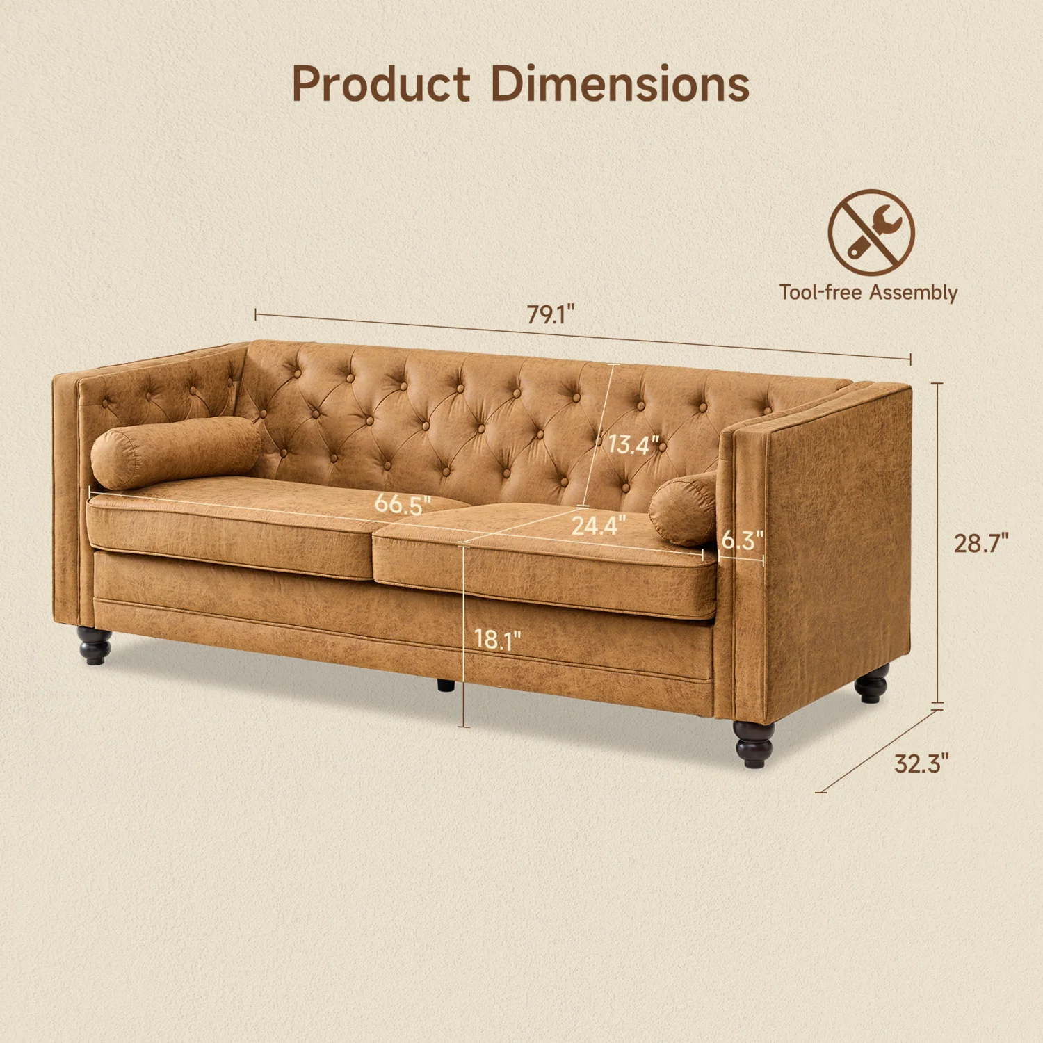 (Discontinued) 79 Faux Leather Couch with Deep Seat. 3 Seater Tufted Sofa with 2 Bolster Pillows & Removable Cushions