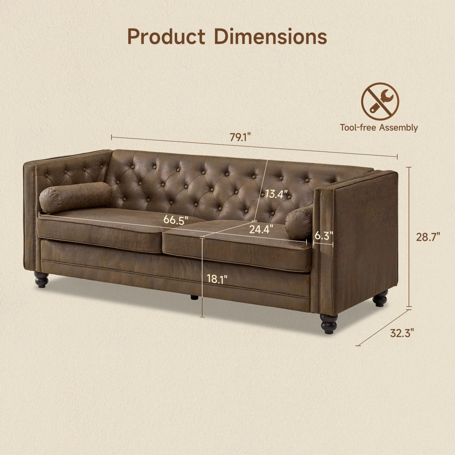 (Discontinued) 79 Faux Leather Couch with Deep Seat. 3 Seater Tufted Sofa with 2 Bolster Pillows & Removable Cushions