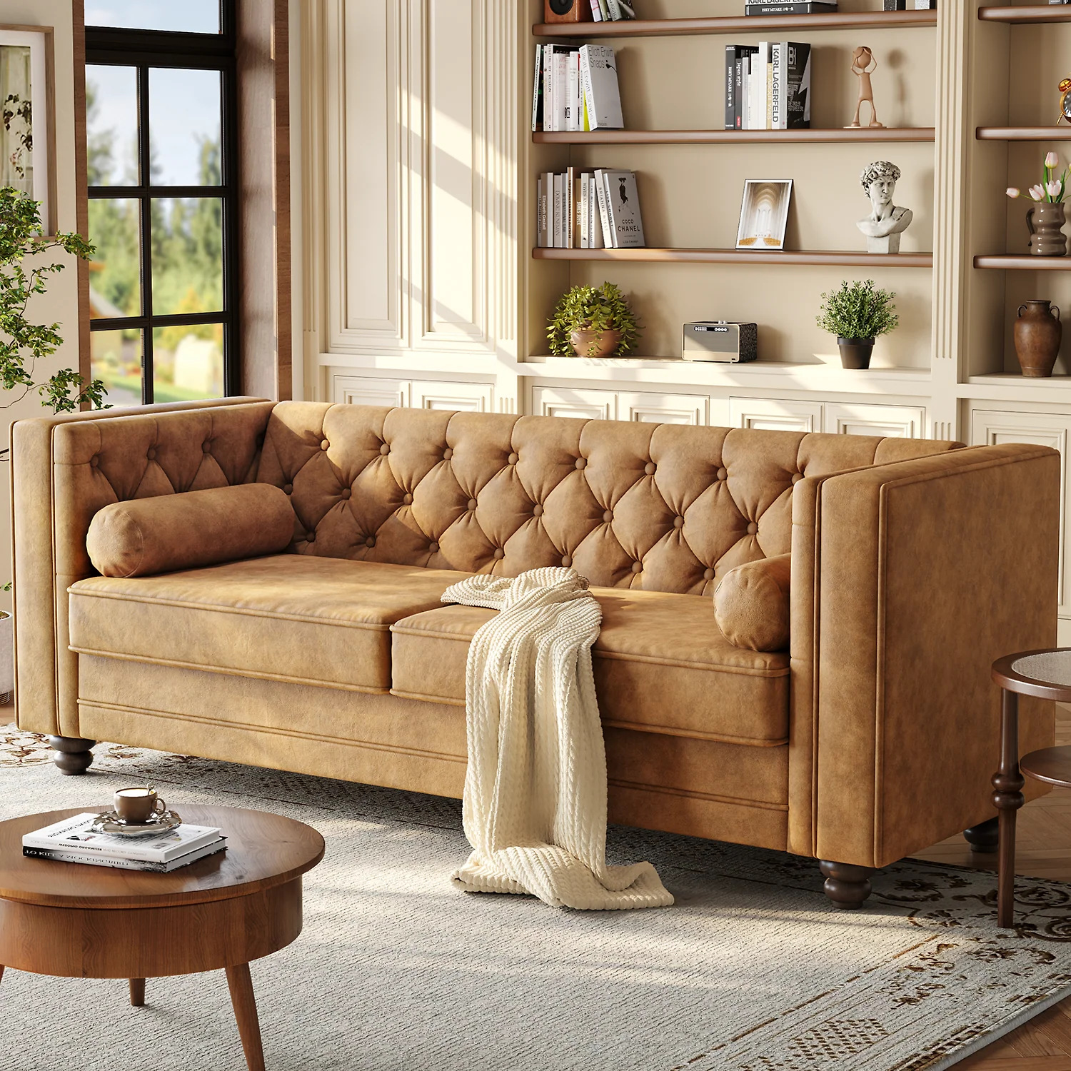 (Discontinued) 79 Faux Leather Couch with Deep Seat. 3 Seater Tufted Sofa with 2 Bolster Pillows & Removable Cushions