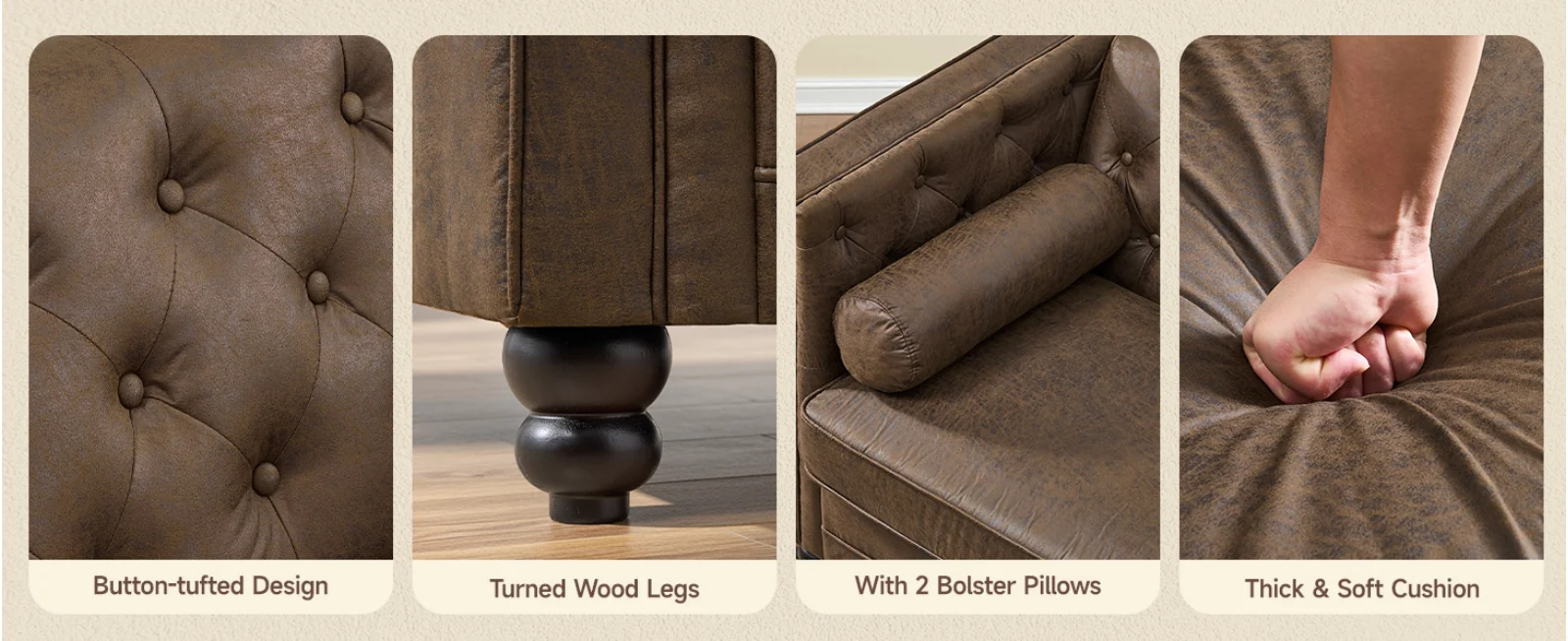 (Discontinued) 79 Faux Leather Couch with Deep Seat. 3 Seater Tufted Sofa with 2 Bolster Pillows & Removable Cushions