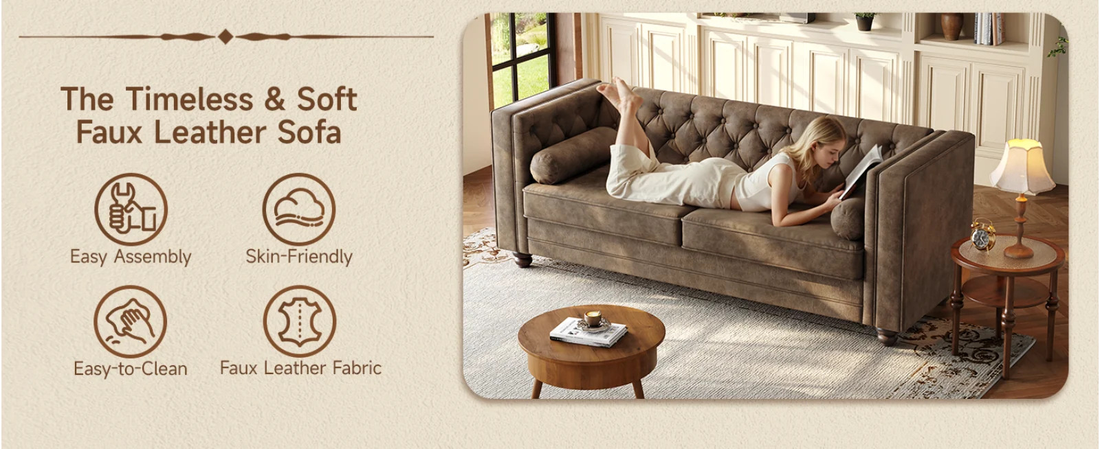 (Discontinued) 79 Faux Leather Couch with Deep Seat. 3 Seater Tufted Sofa with 2 Bolster Pillows & Removable Cushions