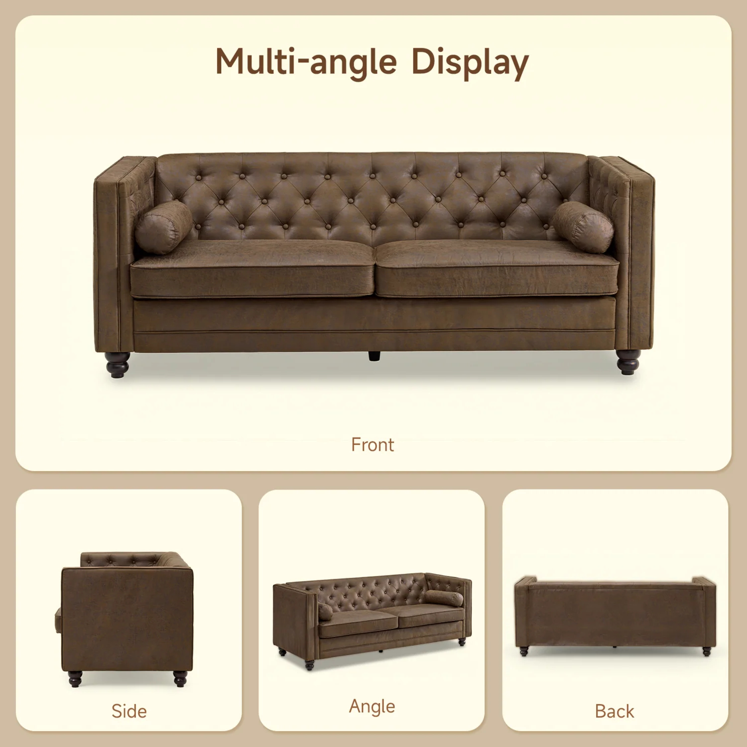 (Discontinued) 79 Faux Leather Couch with Deep Seat. 3 Seater Tufted Sofa with 2 Bolster Pillows & Removable Cushions