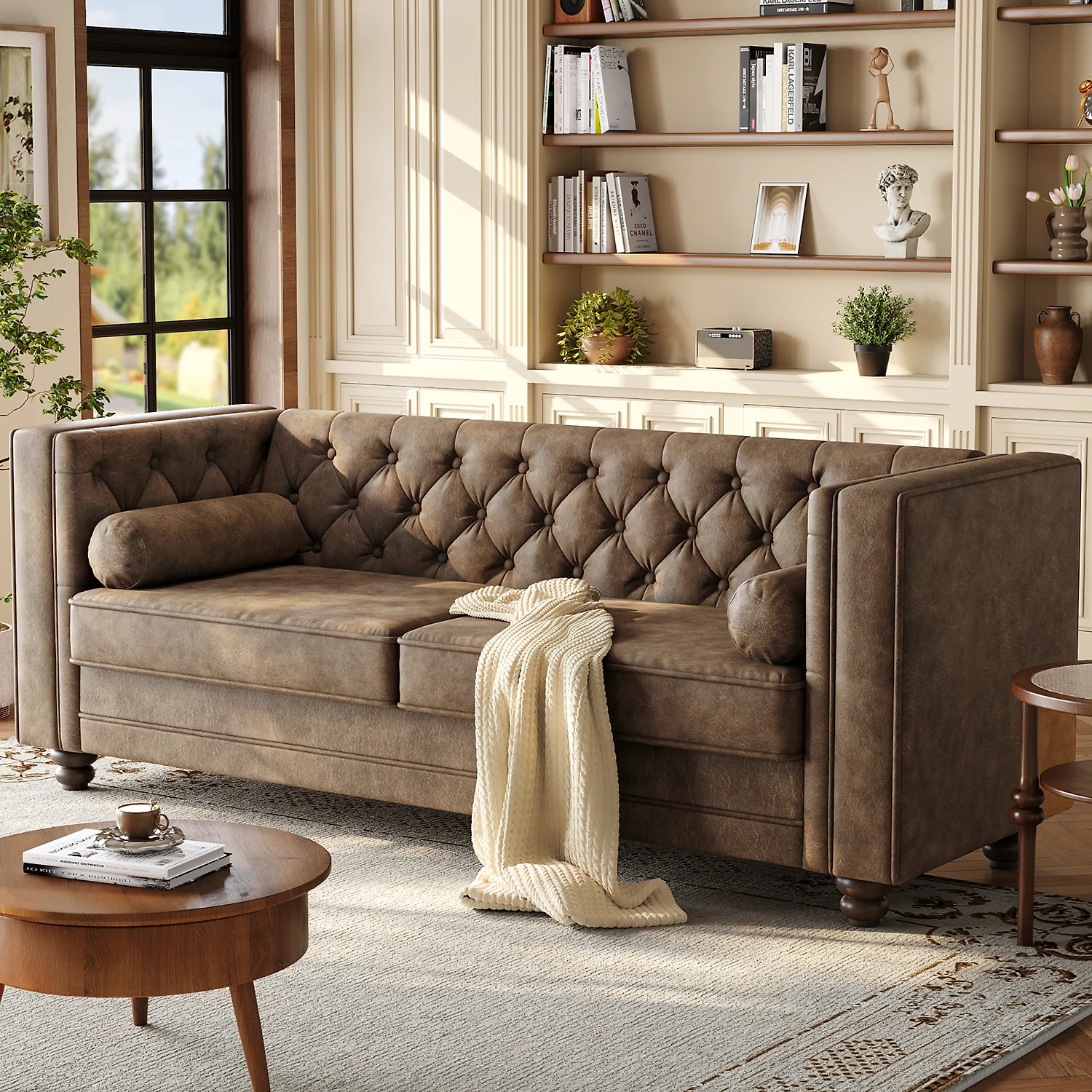 (Discontinued) 79 Faux Leather Couch with Deep Seat. 3 Seater Tufted Sofa with 2 Bolster Pillows & Removable Cushions