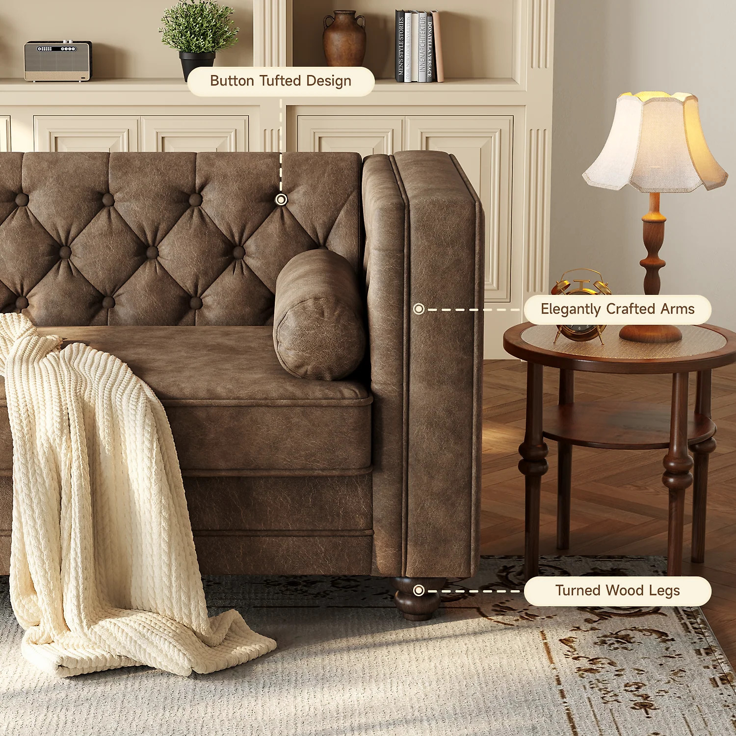 (Discontinued) 79 Faux Leather Couch with Deep Seat. 3 Seater Tufted Sofa with 2 Bolster Pillows & Removable Cushions