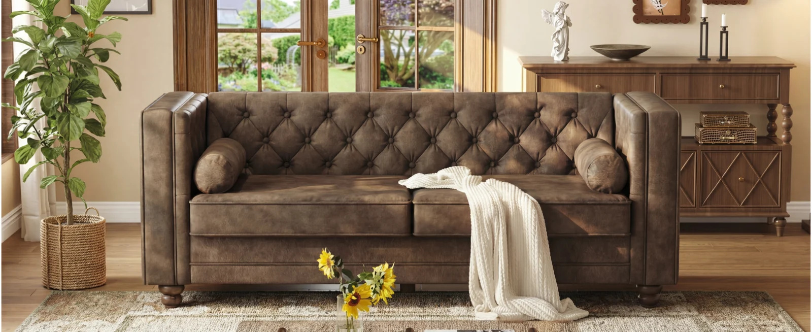 (Discontinued) 79 Faux Leather Couch with Deep Seat. 3 Seater Tufted Sofa with 2 Bolster Pillows & Removable Cushions