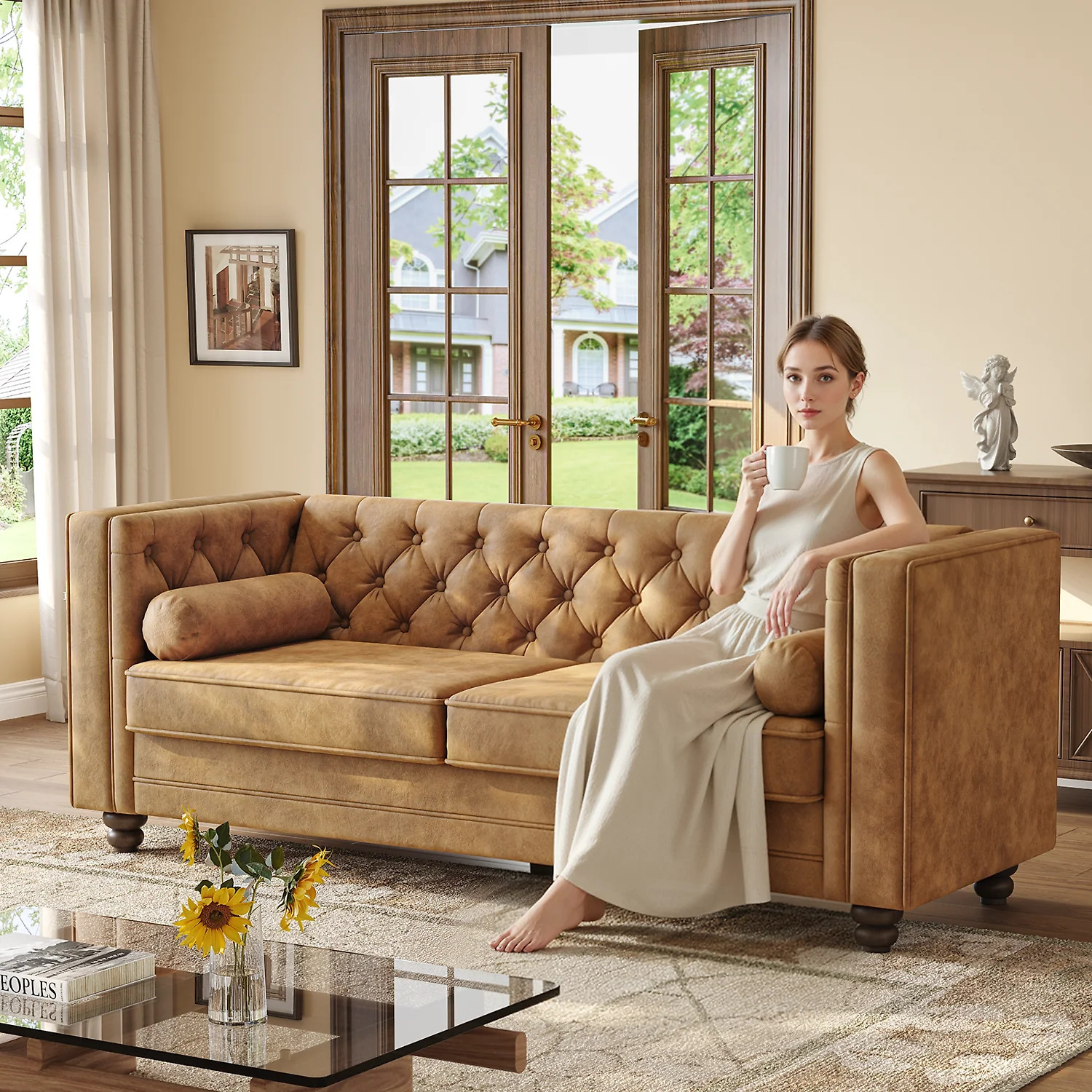 (Discontinued) 79 Faux Leather Couch with Deep Seat. 3 Seater Tufted Sofa with 2 Bolster Pillows & Removable Cushions
