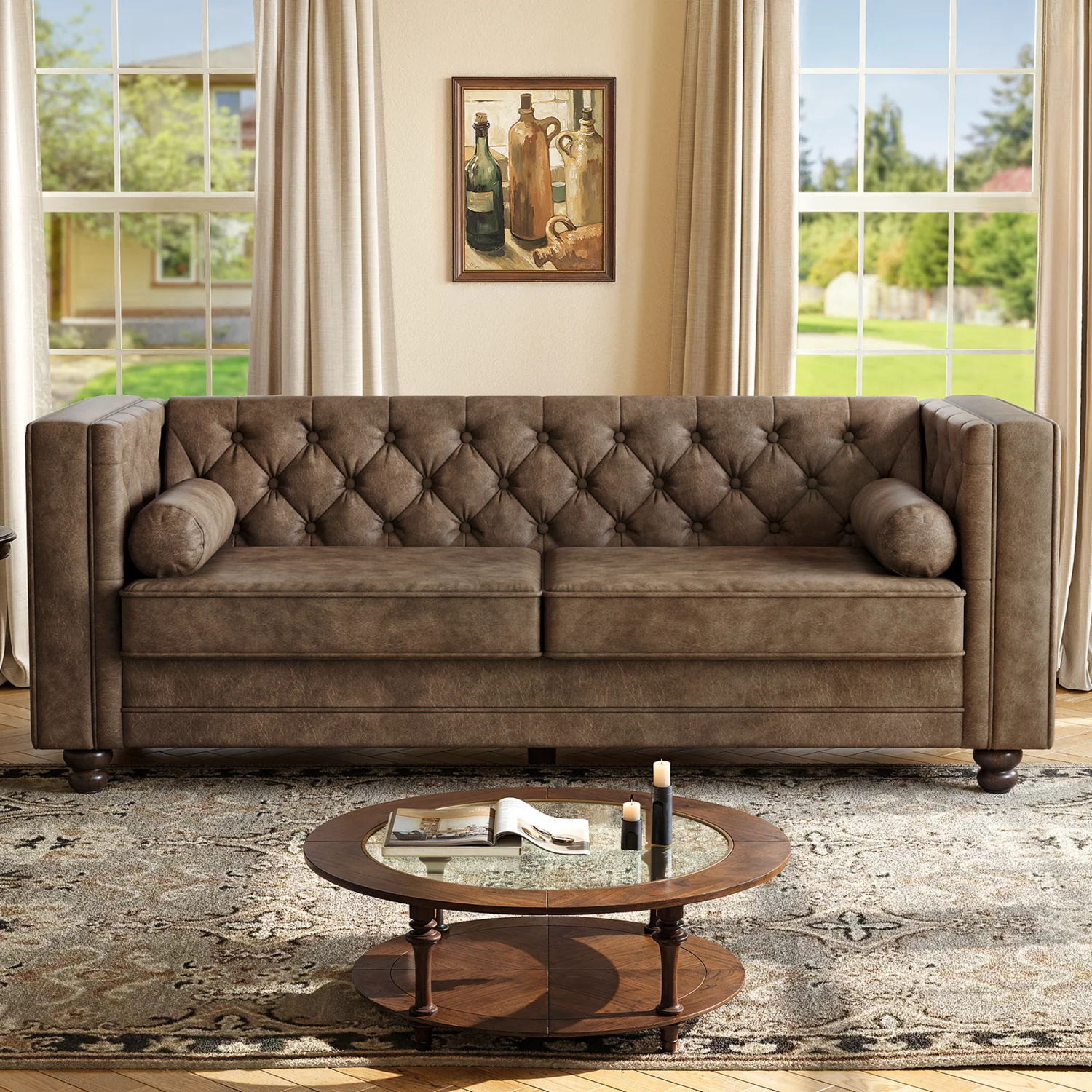 (Discontinued) 79 Faux Leather Couch with Deep Seat. 3 Seater Tufted Sofa with 2 Bolster Pillows & Removable Cushions