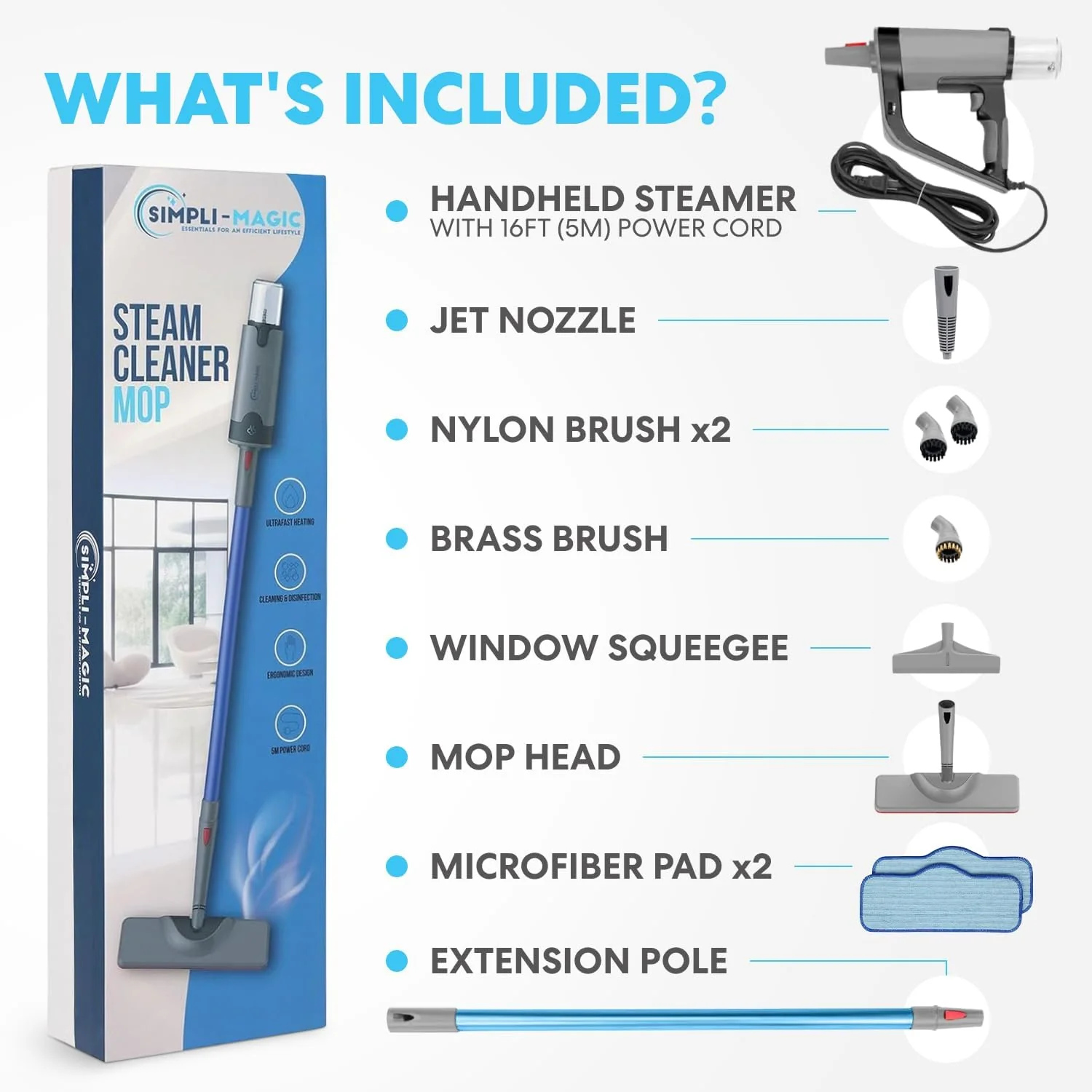 Simpli-Magic 10-in-1 Steam Mop with Detachable Handheld Steamer – Dual-Rod Design for Hardwood Floors. Grout. Walls & Tile Cleaning – Ultra Fast Heating. 3 Steam Modes. 2 Washable Pads. 16FT Cord