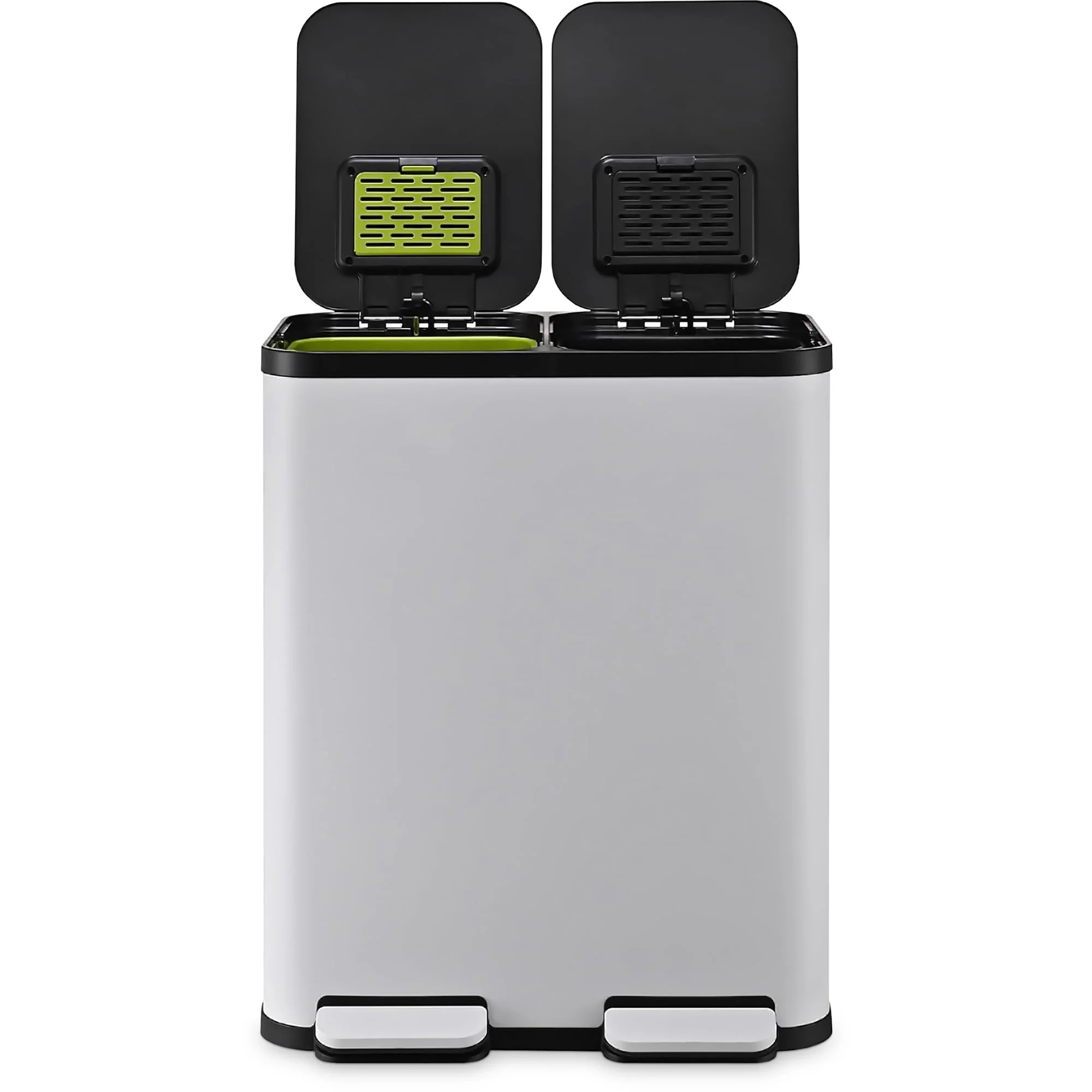 60 Liter / 16 Gallon Rectangular Hands-Free Dual Compartment Recycling Kitchen Step Trash Can with Soft-Close Single Lid. Stainless Steel (30L x 30L Capacity) White