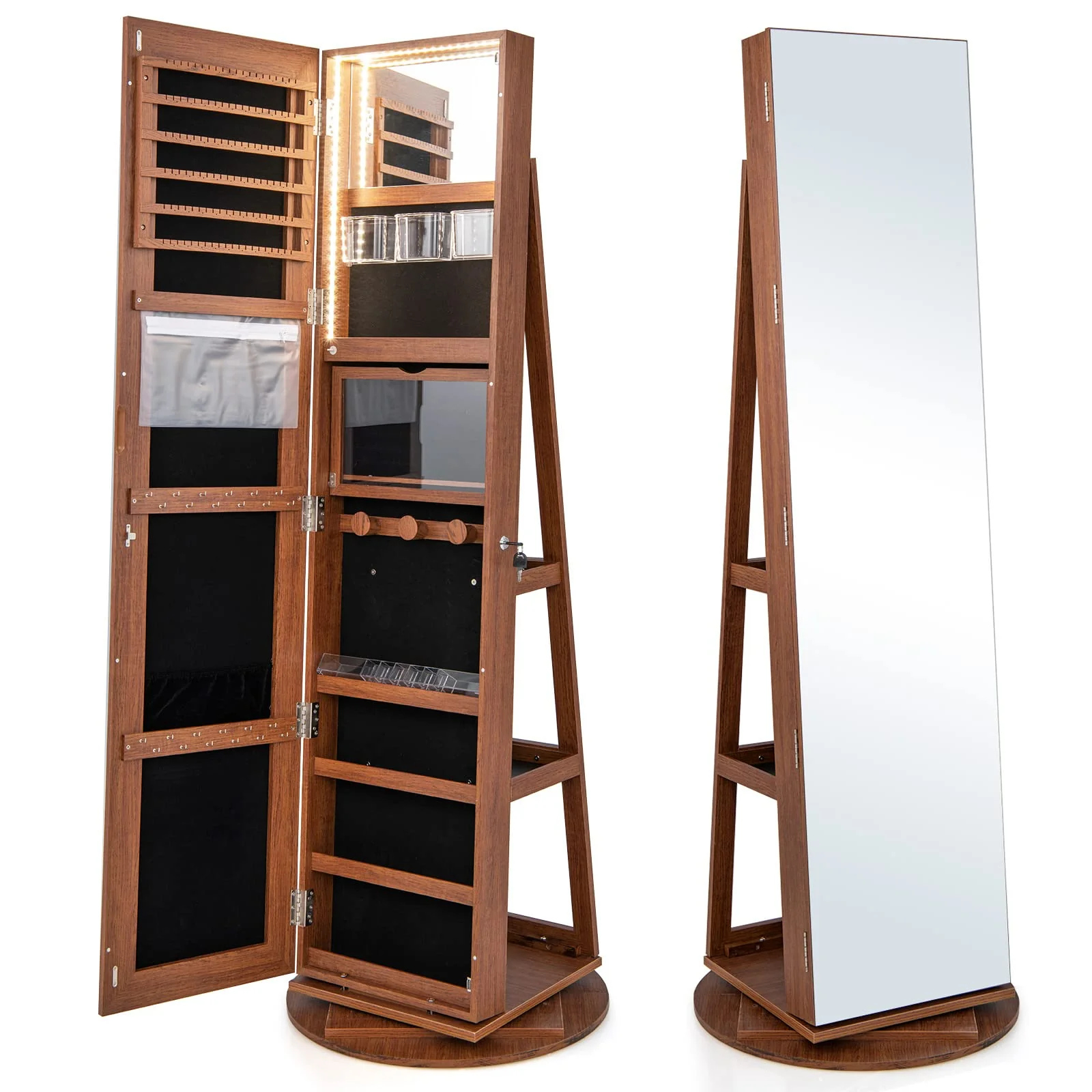 CHARMAID 63.5H Jewelry Armoire with Full Length Mirror 360 Degree Swivel. 3-Color LED lights