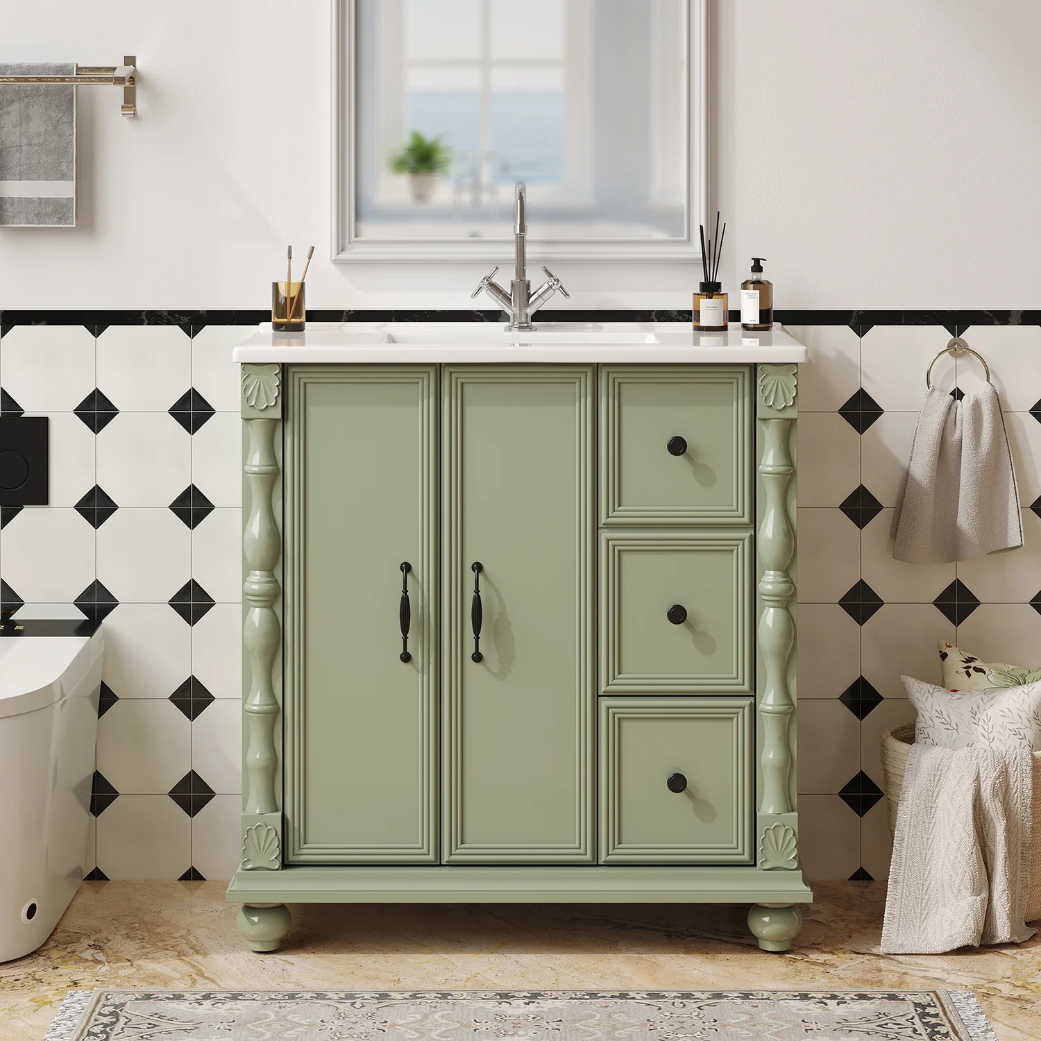 (Discontinued) 32 Inch Freestanding Bathroom Vanity with Sink. Bathroom Storage Cabinet with Soft-Close Drawers and Doors